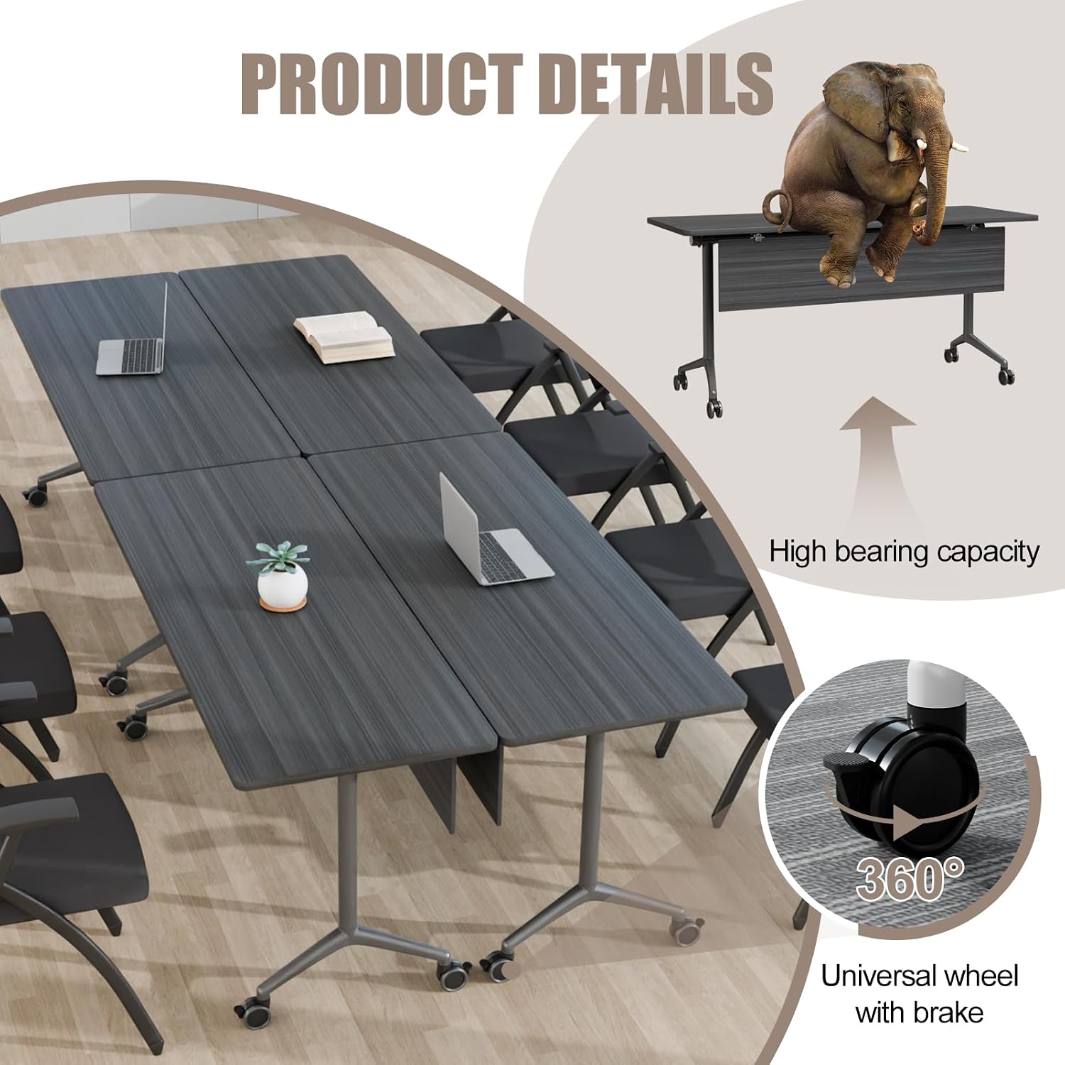 Conference Table, Folding Conference Room Tables, Modular Foldable Conference Table Stackable Flip Top Training Meeting Table with Wheels, Modern Seminar Meeting Room Table (2, Ebony, 55.1in)