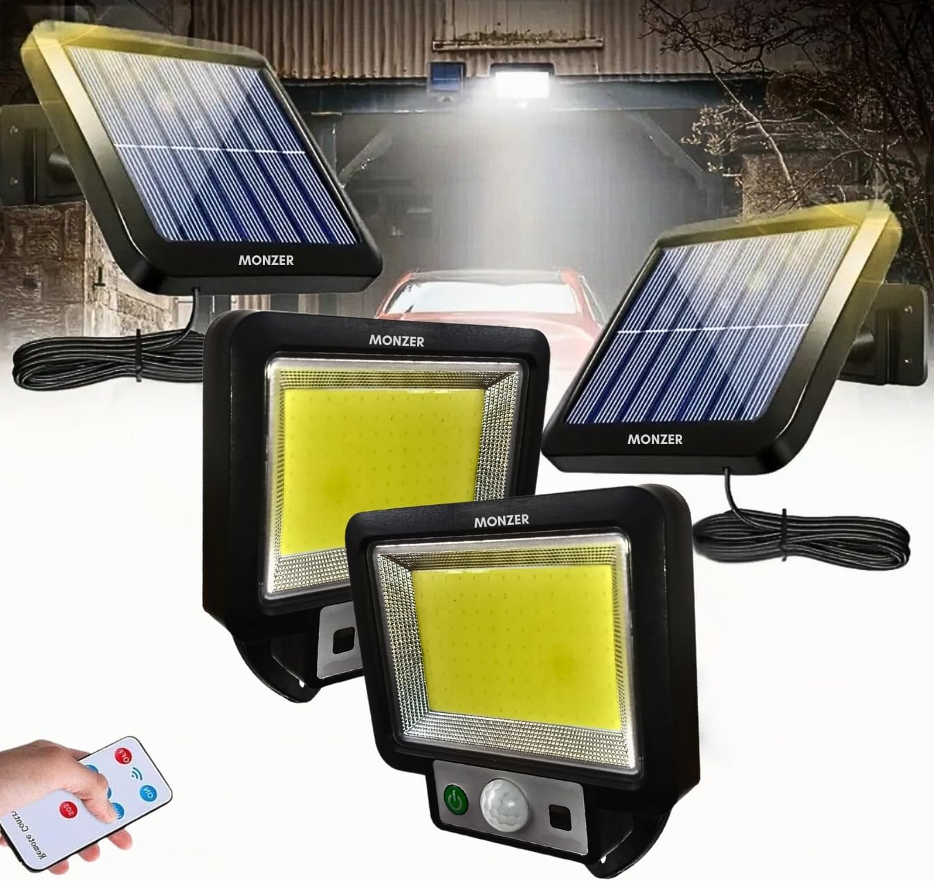 MONZER (Pack de 2) Lampe solaire à détecteur de mouvement 117 LED, lampe solaire extérieure 3000LM, projecteur solaire extérieur puissant, 3 modes IP65 LED projecteur solaire pour jardin garage