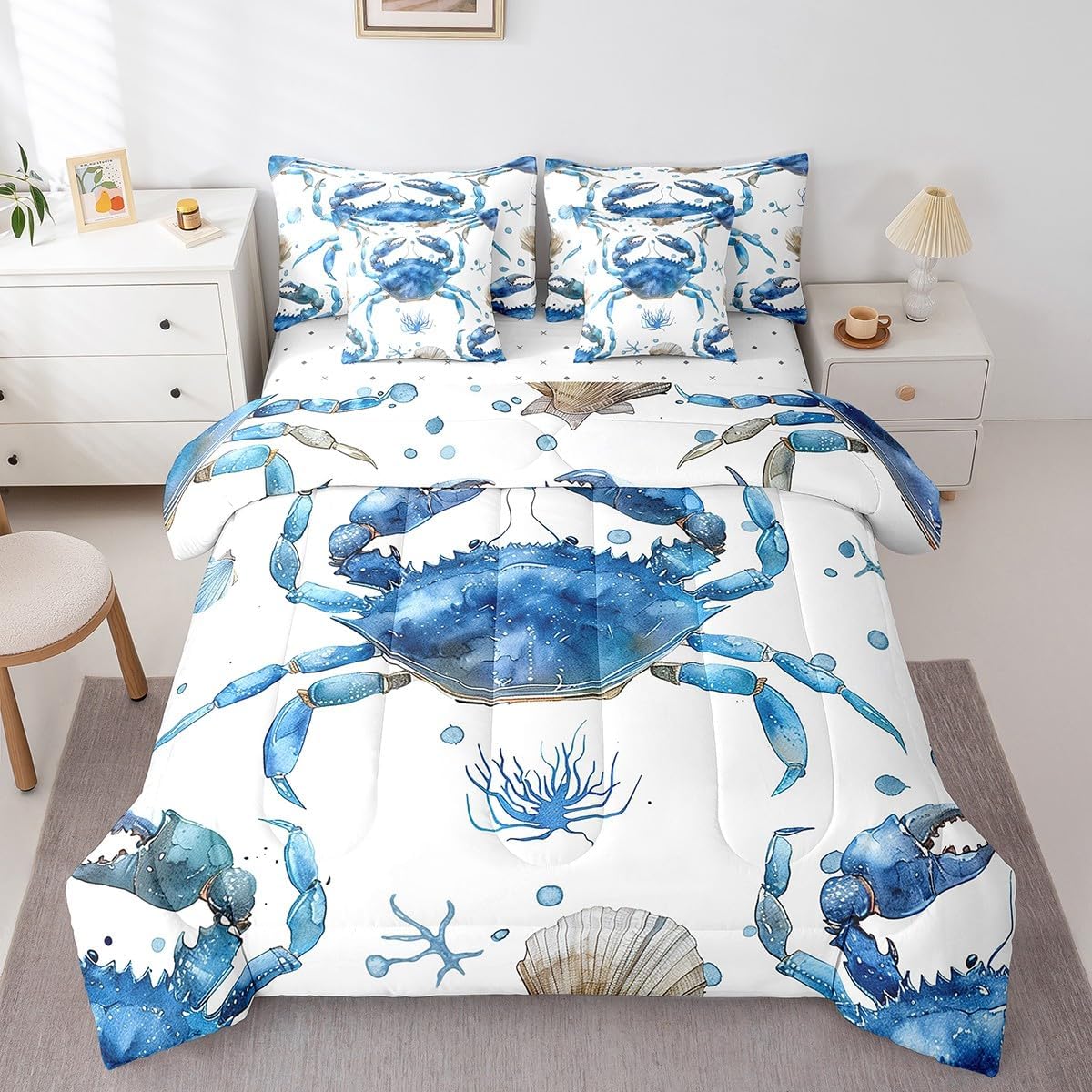 Erosebridal Crab 7 Pcs Comforter Set Full,Blue Ocean Crabs Bed in a Bag with Flat Sheet and Fitted Sheet,Watercolor Marine Life Bed Set,Sea Shell Reptile Bedding Set with Pillowcase & Sham