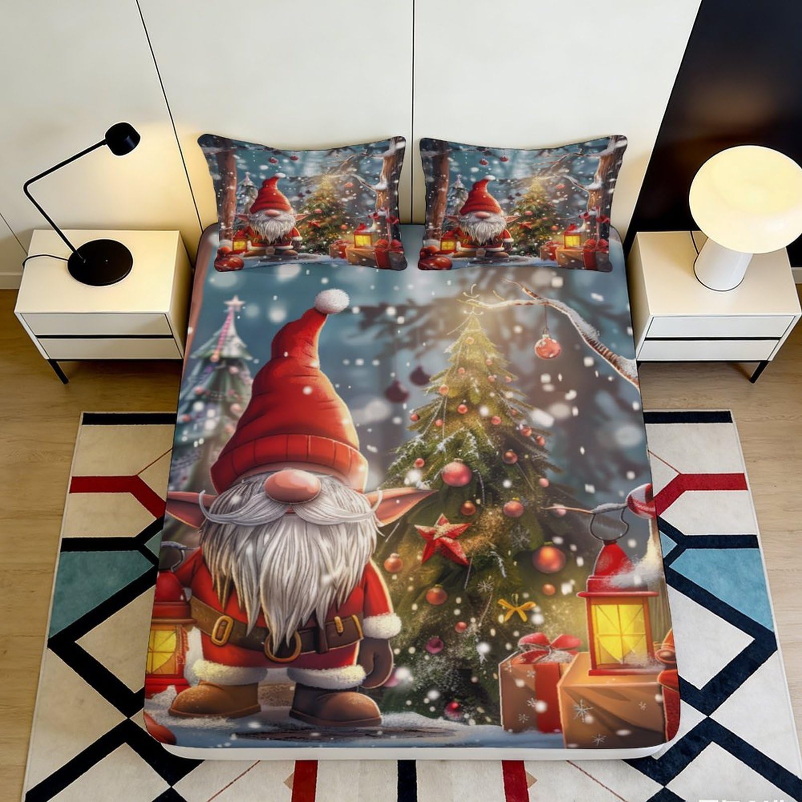 3D Printed Christmas Gnome Fitted Sheet Microfiber Soft Festive Tree Bed Cover for Bedroom Guest Room Easy Care 160x200x25cm