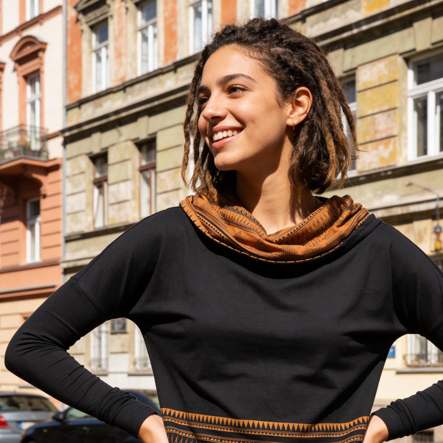 Guru-Shop, Camicia Lunga Sciolta in Cotone Organico, Camicia Boho con Cappuccio a Scialle, Nero, Dimensione