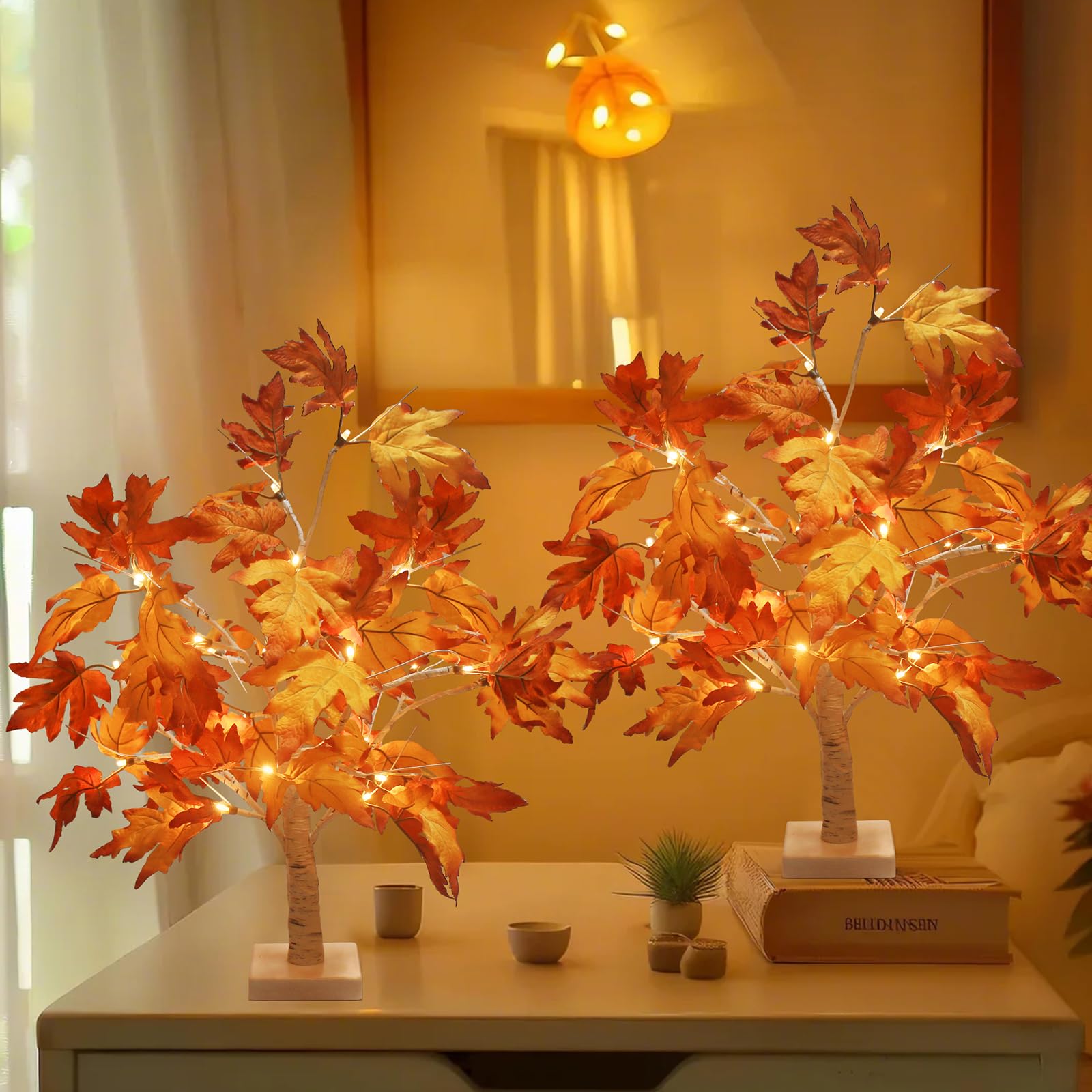 Luditek Thanksgiving Table Decor 2-Packs Maple Fall Light Up Tree w/ 24 Led 22 Inches White Artificial Tree Battery Operated for Thanksgiving Decorations Fall Halloween for Home Indoor Outdoor Bedroom