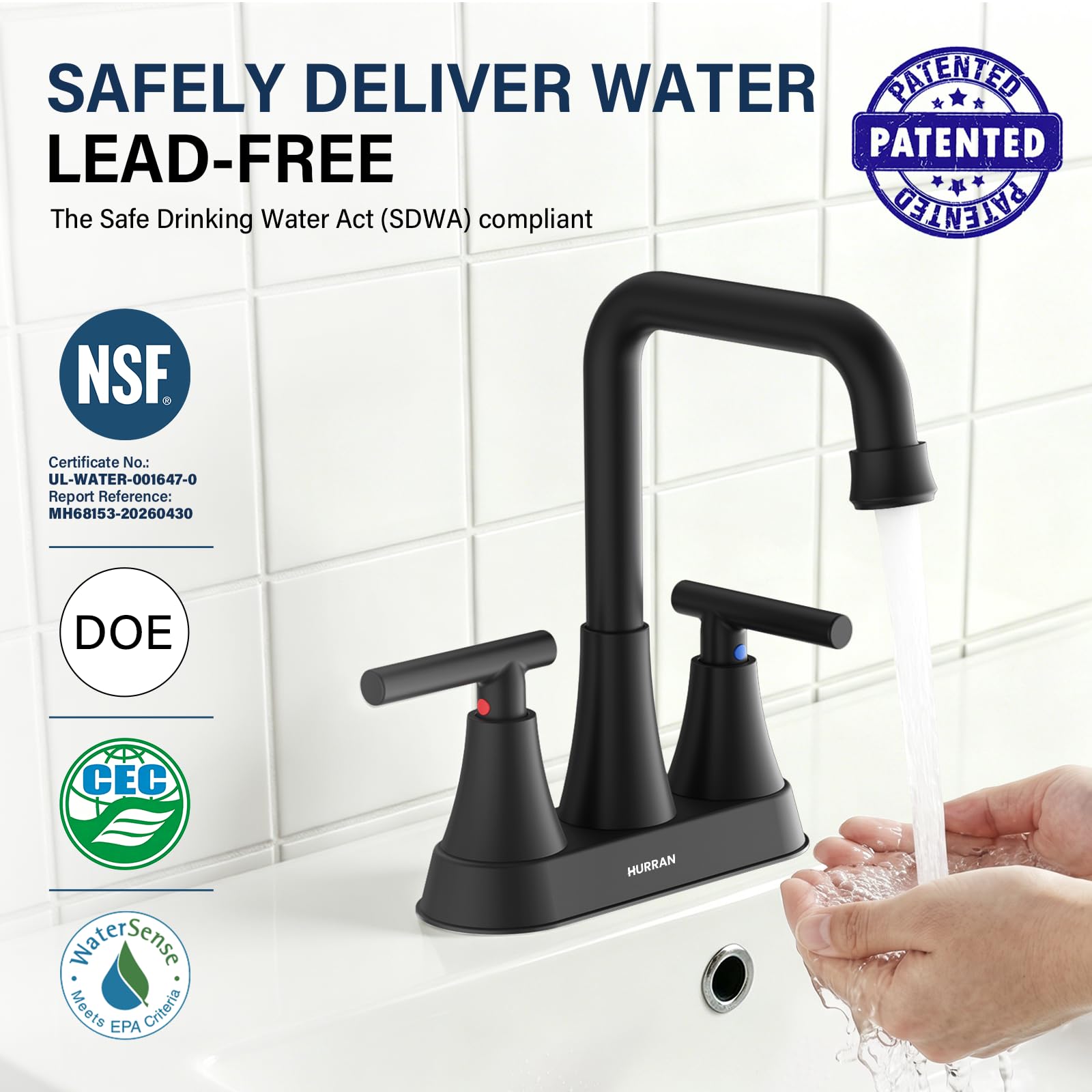 Hurran - Grifo de lavabo de baño negro mate, grifos de baño de 4 pulgadas para fregadero de 3 agujeros con drenaje emergente y mangueras de suministro, grifo central de boquilla giratoria de 360