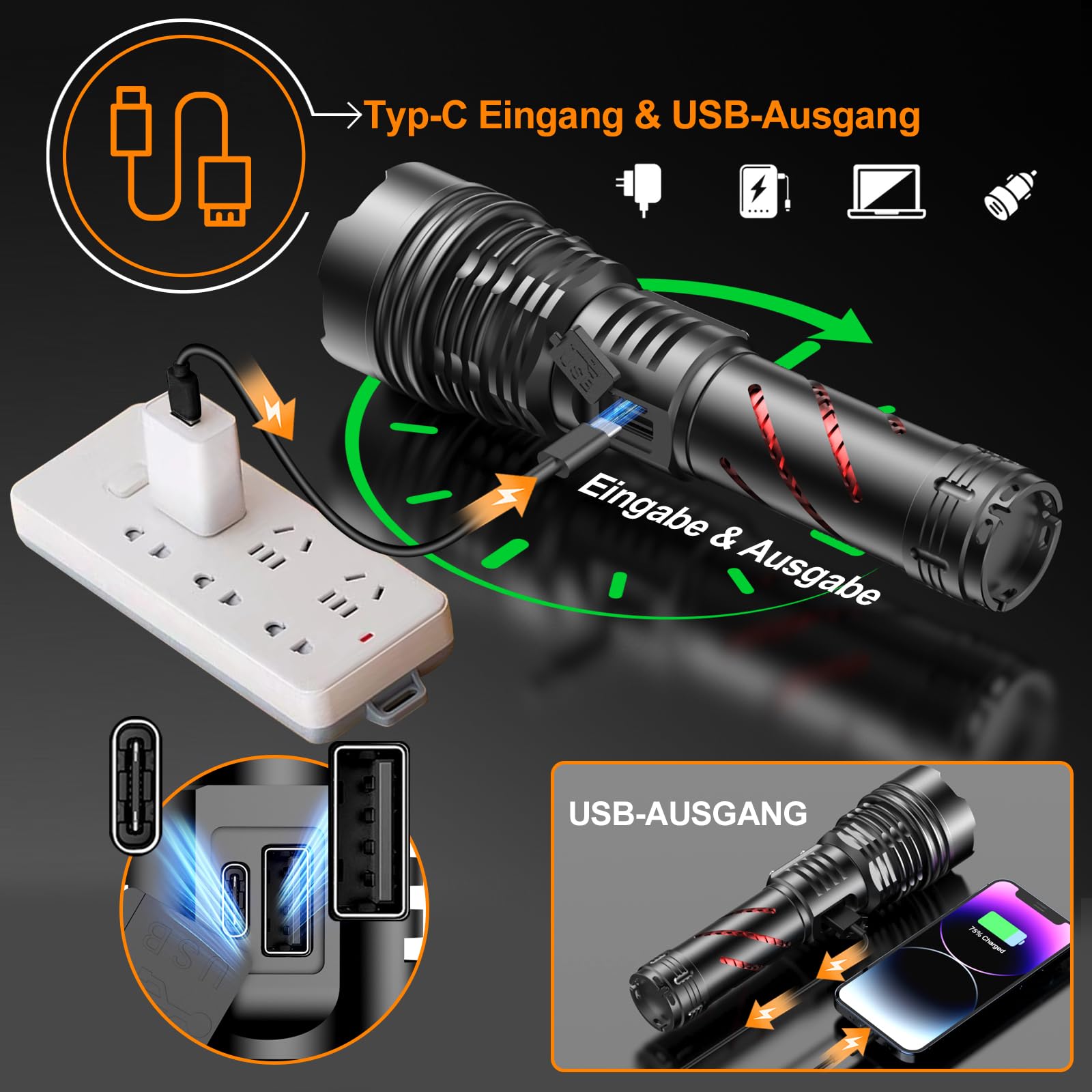 Relybo Led Taschenlampe Extrem Hell 1,000,000 LM - 60W Starke Taschenlampe | 1600m Reichweite Taschenlampe Led Aufladbar, 4 Modi, Stufenlos Dimmbar, Wasserdicht Für Outdoor Camping Wandern Notfälle