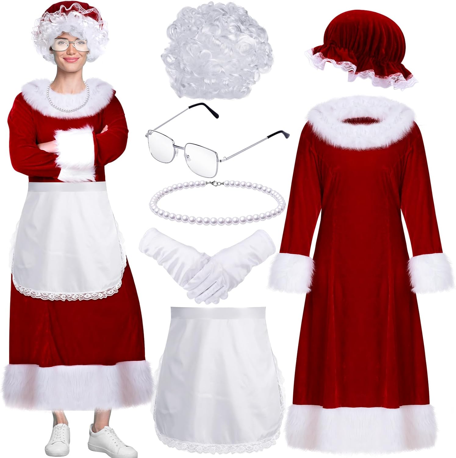 Shinymoon 7 Pcs Mrs. Claus Costume for Women Santa Claus Costume Thick Velvet Santa Dress Outfit for Christmas Party
