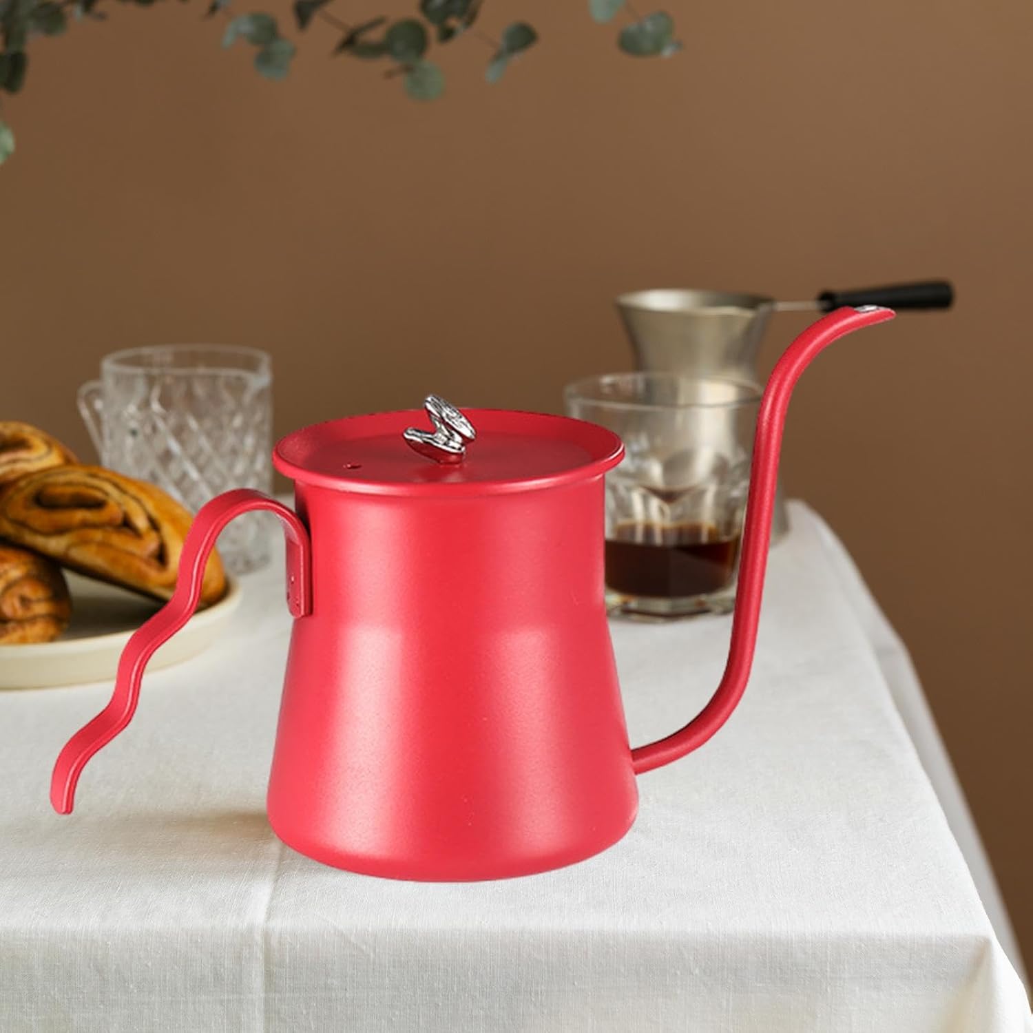 Drip Kettle Coffee Jug Heat Resistant with Heat Emission Hole Espresso Kettle Tea Pot for Household Travel, Red