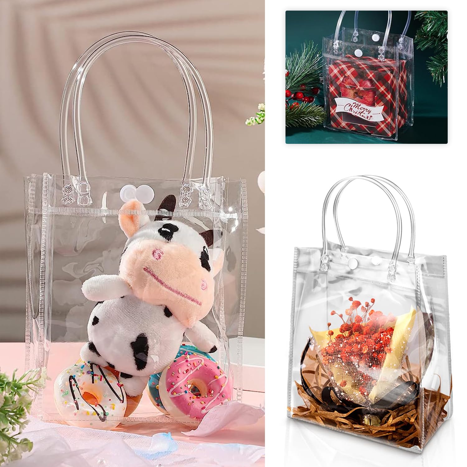 25-Pack PVC Clear Gift Bags With Handles - Angry Strawberry 'Good Stuff Inside' Design, 8x8 Inch Reusable Party Favor Bags