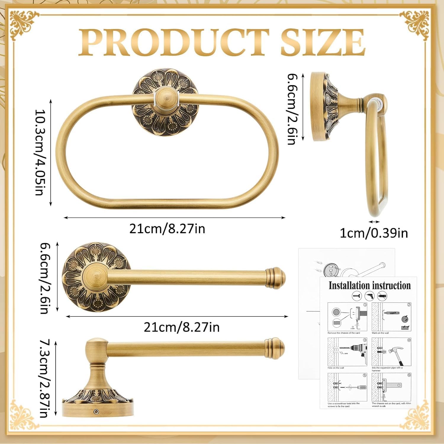 2 Pieces Set Antique Brass Toilet Paper Holder Retro Brass Hand Towel Ring Tissue Roll Paper Hanger Wall Mounted Vintage Bathroom Accessories(Rectangle) (Hanger Rack Two-Piece Set)