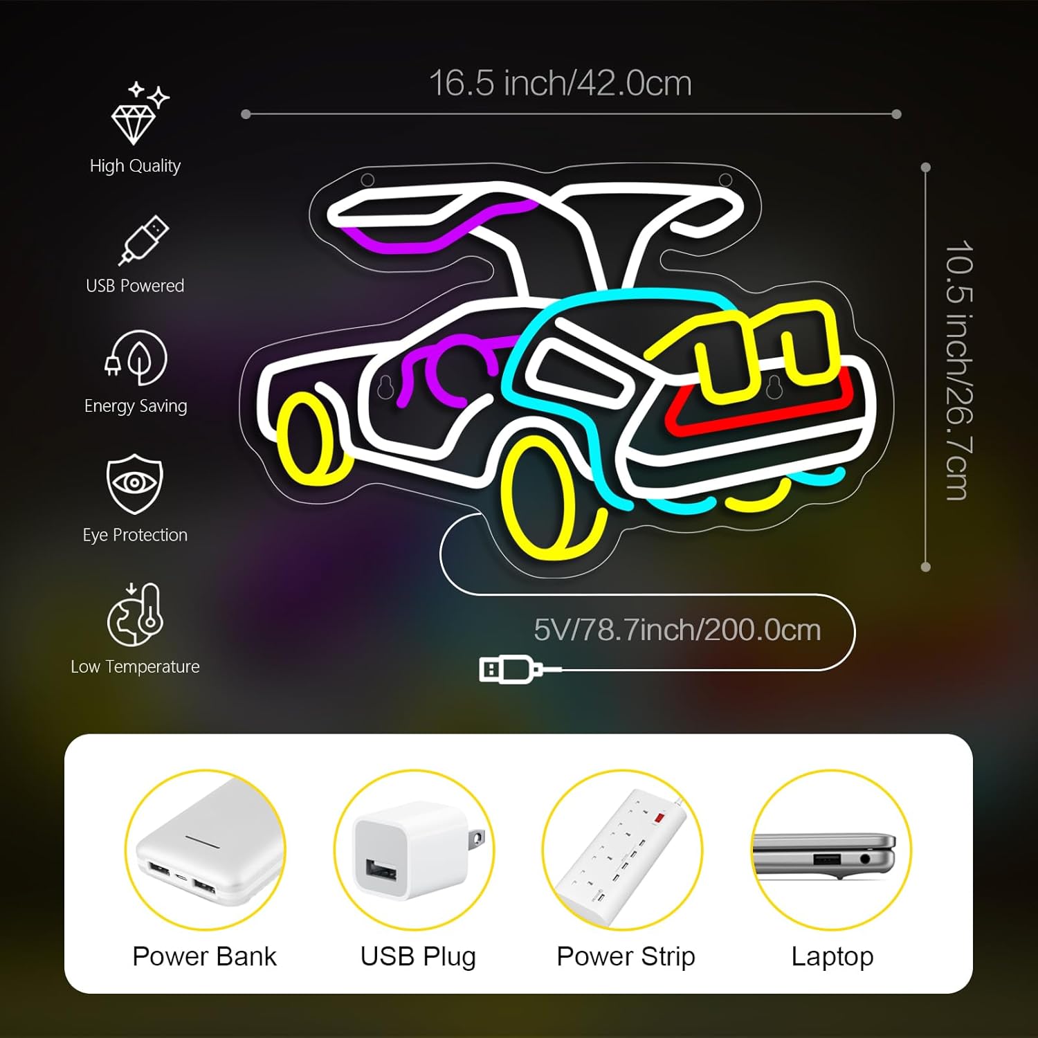 Race Car Neon Sign Flying Wing Car USB Dimmable Neon Light Sign for Boys Girls Room Gameroom Holiday Birthday Gift