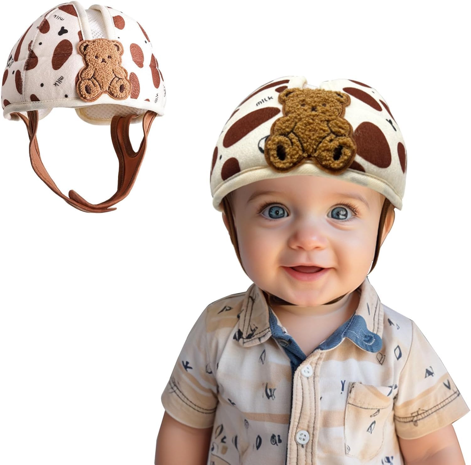 Kask dziecięcy do raczkowania, miękki kask bezpieczeństwa dla niemowląt, 1-2 lata, ochrona głowy przed upadkiem, regulowany, oddychający, niebieski miś