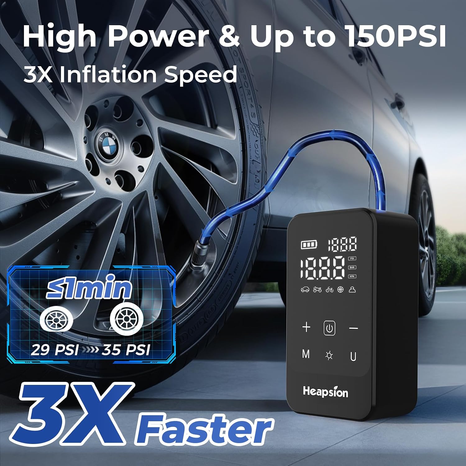 Heapsion Tire Inflator Portable Air Compressor, LED Display & Auto Shut-Off, 5 Modes, 150PSI Cordless Air Pump with Digital Pressure Gauge for Car, Balls, Bike, Motorcycle, Car Accessories, Black image 4