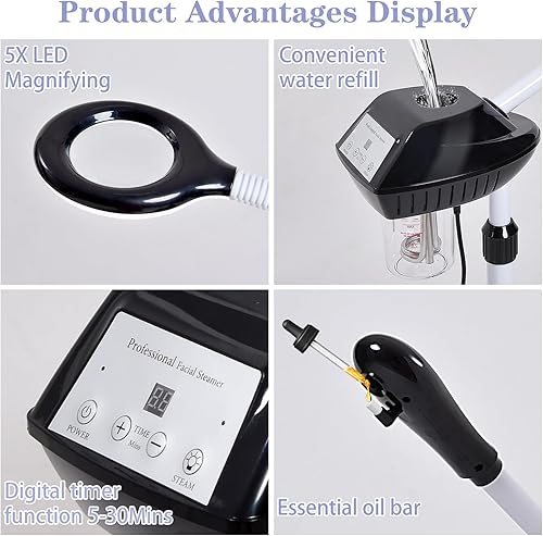 Miniatura 5 de Vaporizador facial profesional, vaporizador facial 2 en 1 sobre ruedas con lámpara de aumento 5X, vaporizador facial de ozono para limpieza profunda