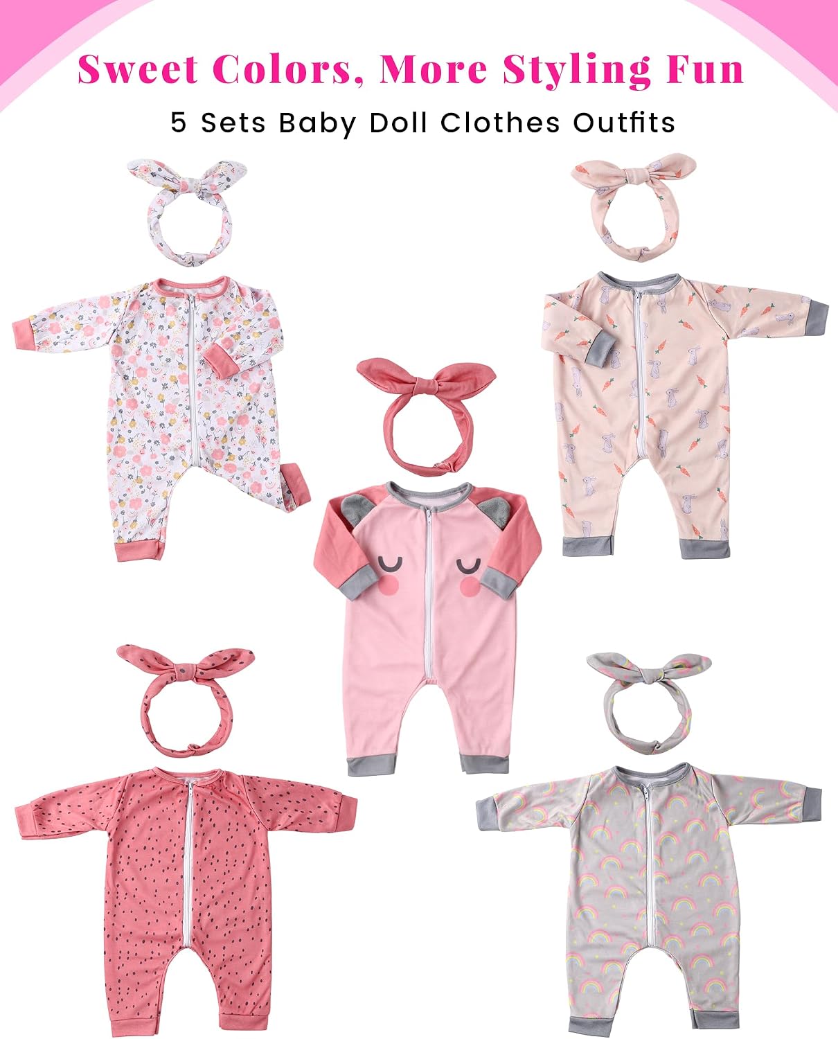 BABESIDE 5 Sets of Reborn Baby Doll Clothes, Headbands for 17–22 Inch Dolls image 2