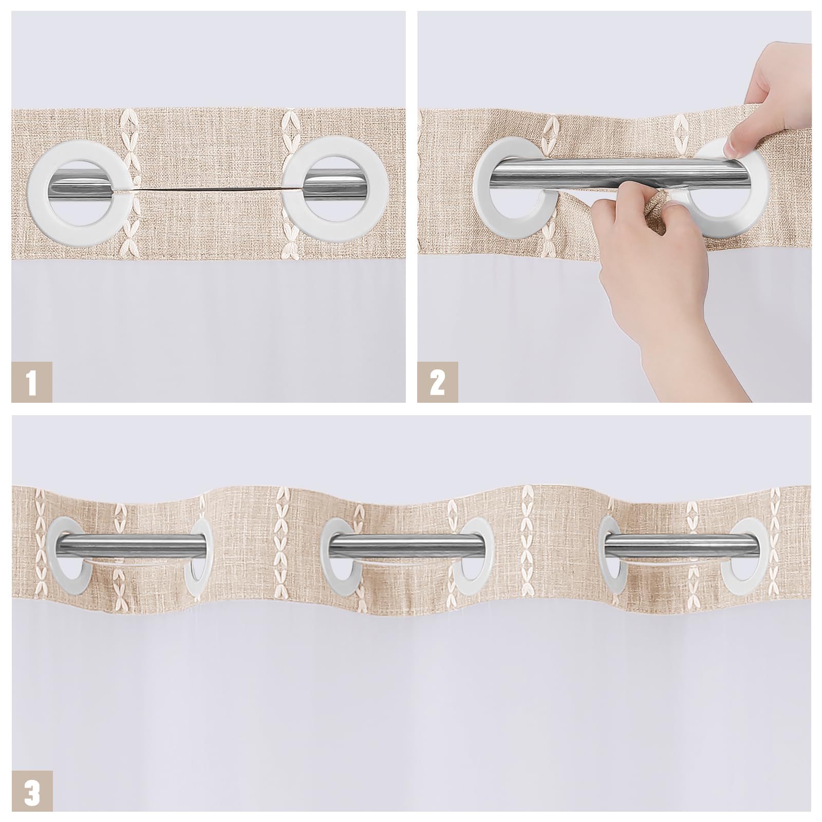 Cortina de ducha con forro a presión, no necesita ganchos, ventana e imanes, cortinas de ducha de tela de lino y algodón bohemio con borlas para decoración rústica de baño, beige/crema, 72 x 74