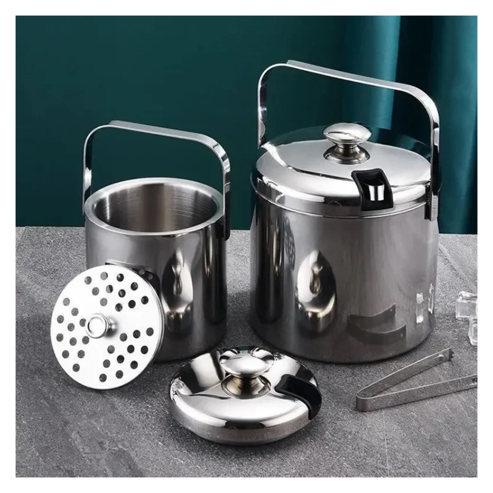 Cubo de Hielo con Pinzas, Doble colador de Pared de 1,3 l, asa, Ideal for Fiestas en casa, Bar, Cerveza, champán, Cubos enfriadores de Acero Inoxidable para Bar, Cumpleaños, Fiestas