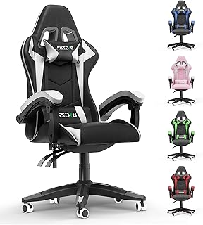 Racingreat Gaming Chair,Ergonomic Gaming Chair for Adults, Height Adjustable Reclining Computer Game Chair Comfortable with Headrest and Lumbar Support (Without Footrest, White)