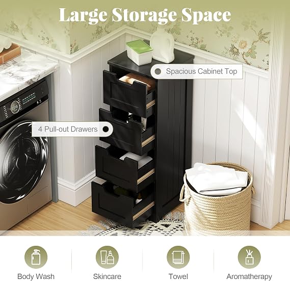 Tangkula Bathroom Floor Cabinet with 4 Drawers, 12 x 12 x 33 Inch, Freestanding Storage Cabinet for Bathroom Living Room, Wooden Cabinet Organizer Unit for Home Office (Black)