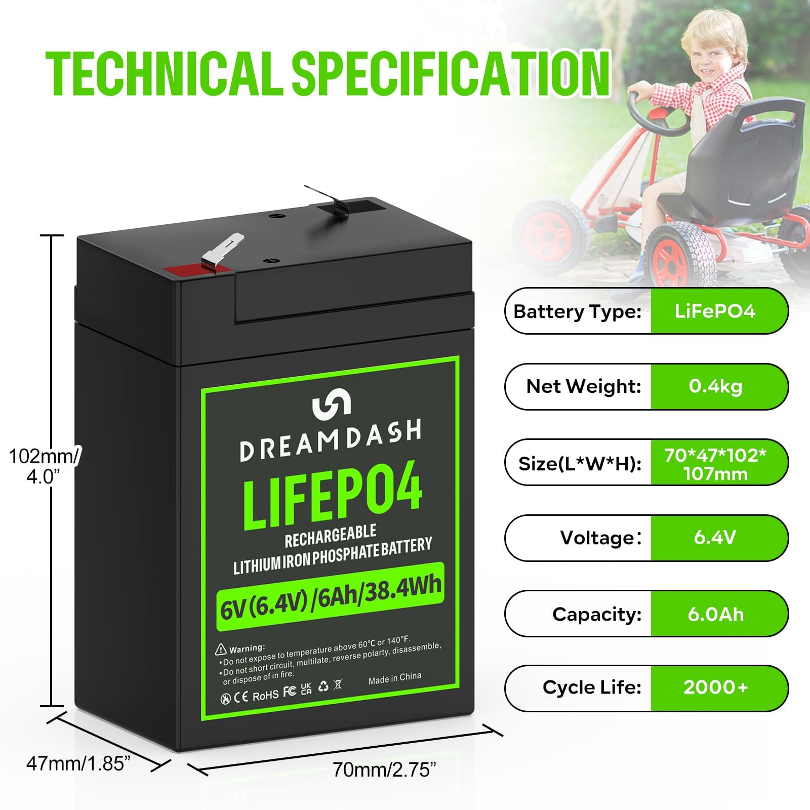 Batería de litio recargable de 6V 6Ah LiFePO4, 3000+ Ciclos Profundos, funciona de -20 ℃ a 60 ℃, IP55 para Casa, Coches de Juguete para Niños, Lanchas a Motor, Camper