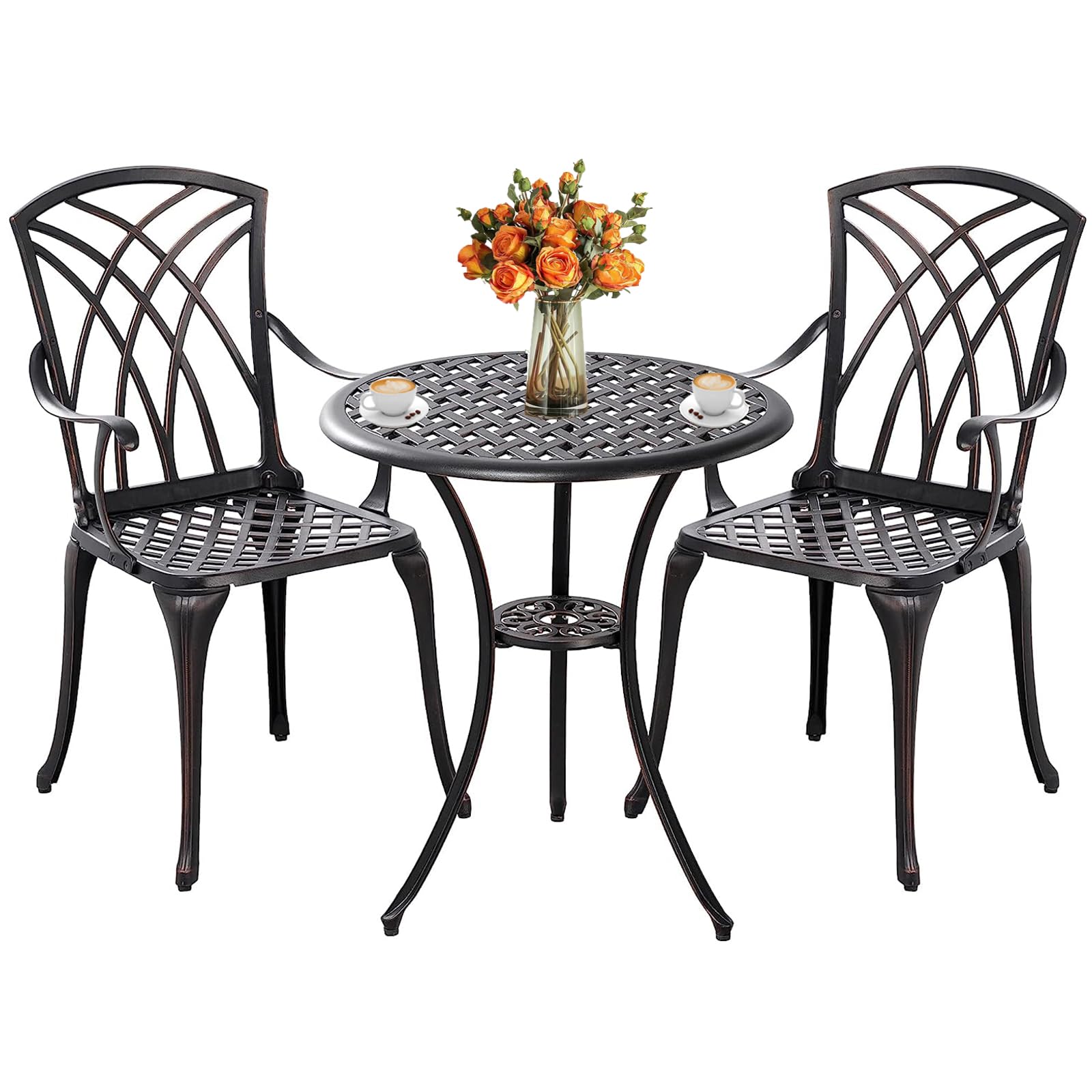 Withniture 3 Piece Patio Bistro Set Cast Alumiunm Bistro Table Set,All Weather Bistro Table and Chairs Set of 2 with 1.97" Umbrella Hole,Outdoor Patio Table for Patio Bistro Set?Antique Bronze?