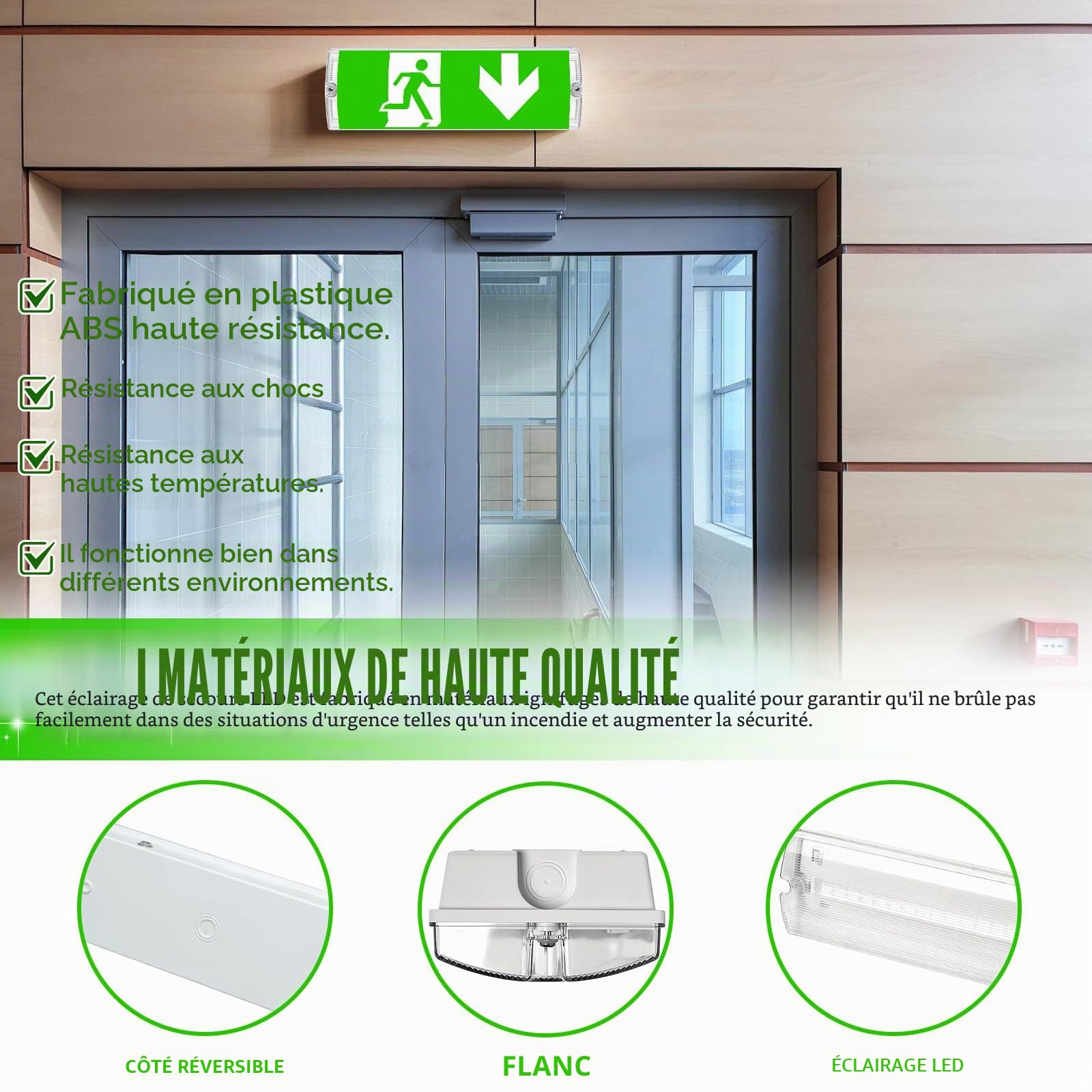 Panneau d'urgence LED professionnel avec éclairage de secours à batterie | Panneau de sortie de secours étanche IP65 | 4 pictogrammes de sécurité interchangeables | Charge automatique pour