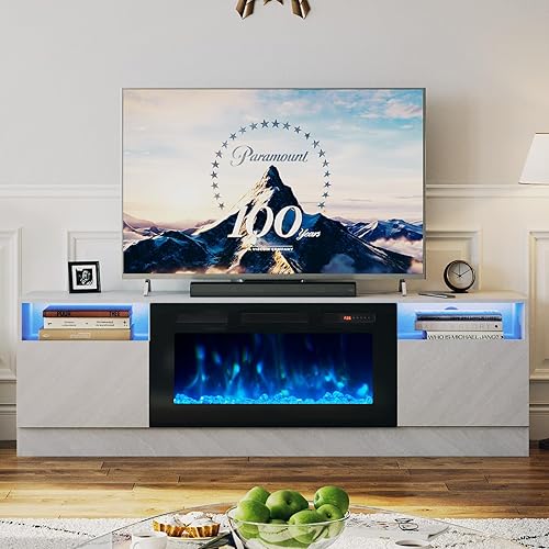 oneinmil 80” TV Stand with 36” Electric Fireplace, Large Modern Media Entertainment Center with Storage Cabinet and 12 Colors LED Lights for TVs Up to 90", Grey+Black
