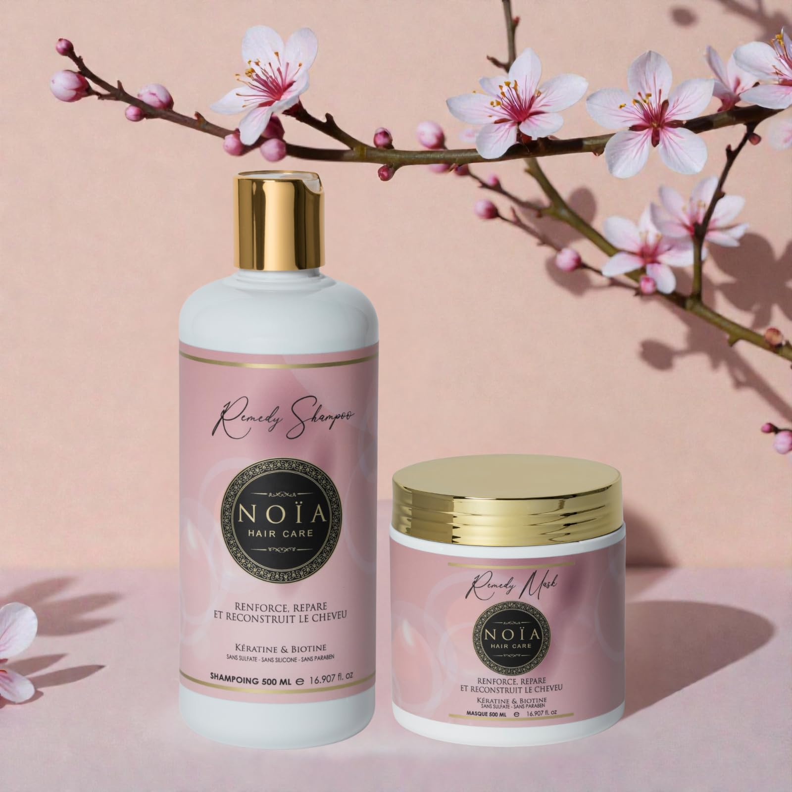 NOÏA HAIR – Coffret Duo Professionnel REMEDY – Shampoing + Masque – Soin Réparateur Anti-Casse – Kératine & Biotine – Cheveux Abîmés et Fragilisés