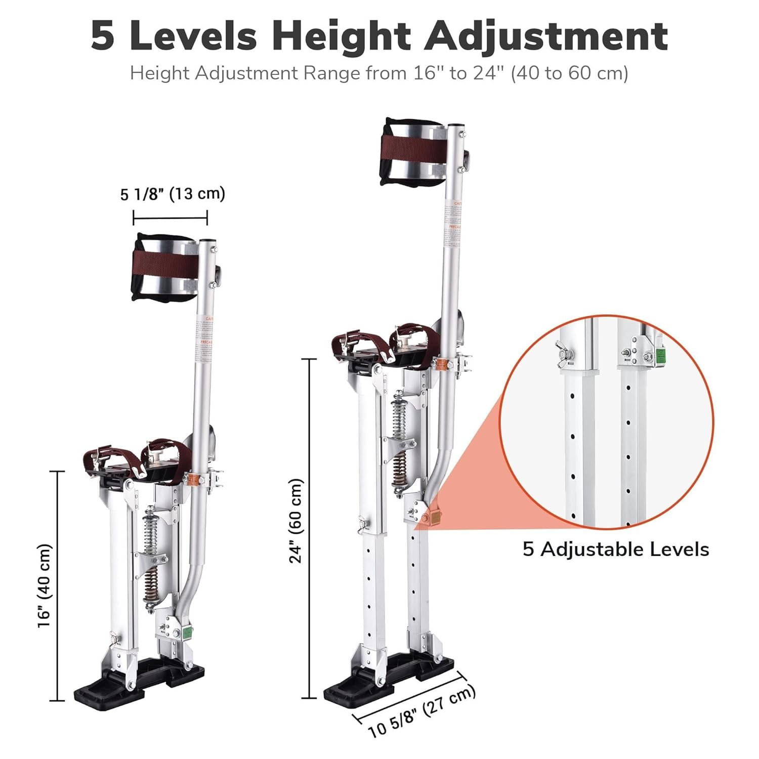Adjustable Aluminum Drywall Stilts 16"-24", Work Tool with Protective Knee Pads, Non-Slip for Taping, Painting, and Ceiling Work