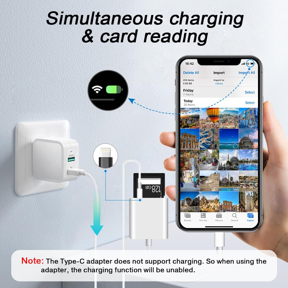 SD Card Reader for iPhone iPad,Micro SD Card Reader Memory Card Reader Plug and Play Trail Camera SD Card Adapter,Simultaneous Charging and Reading — Amazon image 3