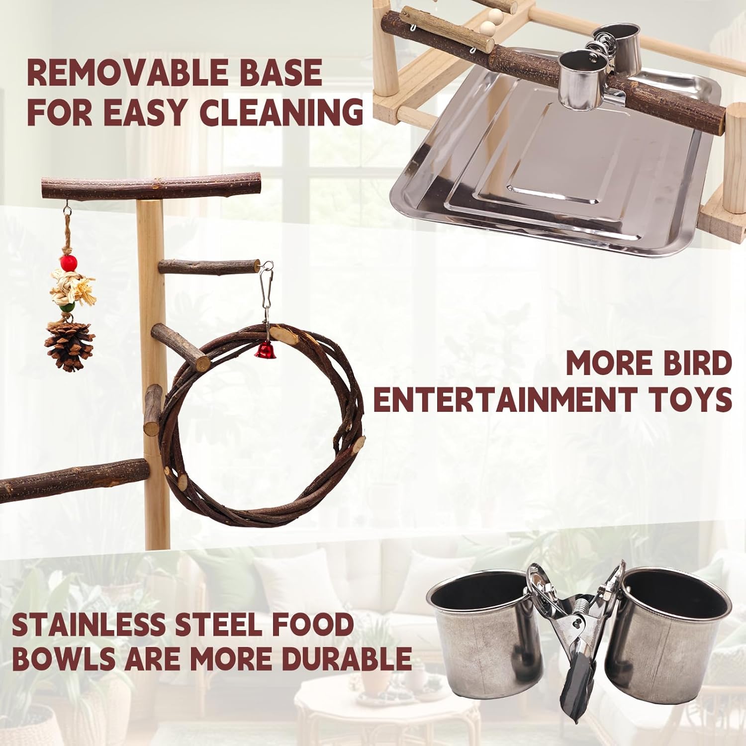 Bird Playground, Natural Wooden Parrot Stand Suitable for Small to Medium-Sized Birds, with Feeding Cups, Swing, Chew Toys,Bird Perch Ideal for Parakeets, Budgerigars, Conure Parrots