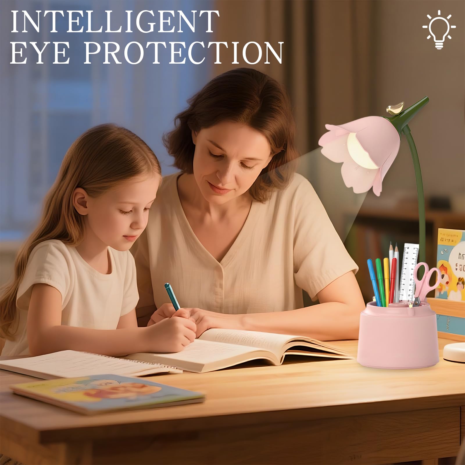 Lampe de Table D'étude Rechargeable Protection des Yeux, Tactile Lampe de Bureau à LED Portable avec Porte-stylo pour Enfants, Lampe de Chevet LED, Lampe de Lecture Dimmable,3 Modes de Couleur (Rose)