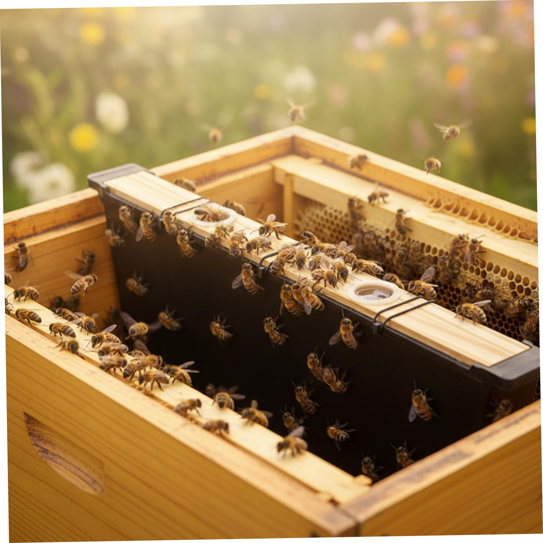 Nourrisseur à Abeilles en Bois de 3, 5 L avec Cadre de Ruche et Fixation sécurisée pour l'alimentation des Abeilles en Ruche Stable (Noir)