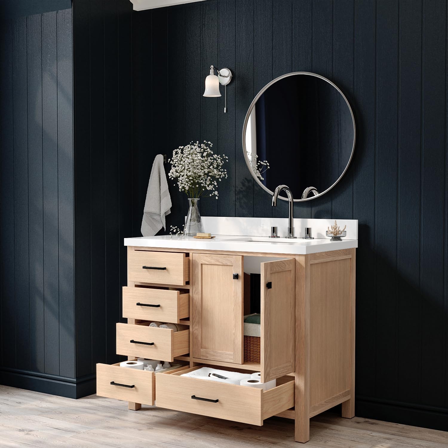 ARIEL Cambridge 42-inch Bathroom Vanity with Sink,Solid Wood, 1.5-inch Pure White Quartz Countertop, Single Rectangular Porcelain Sink, 2 Soft Closing Doors, 5 Dovetail Drawers, White Oak