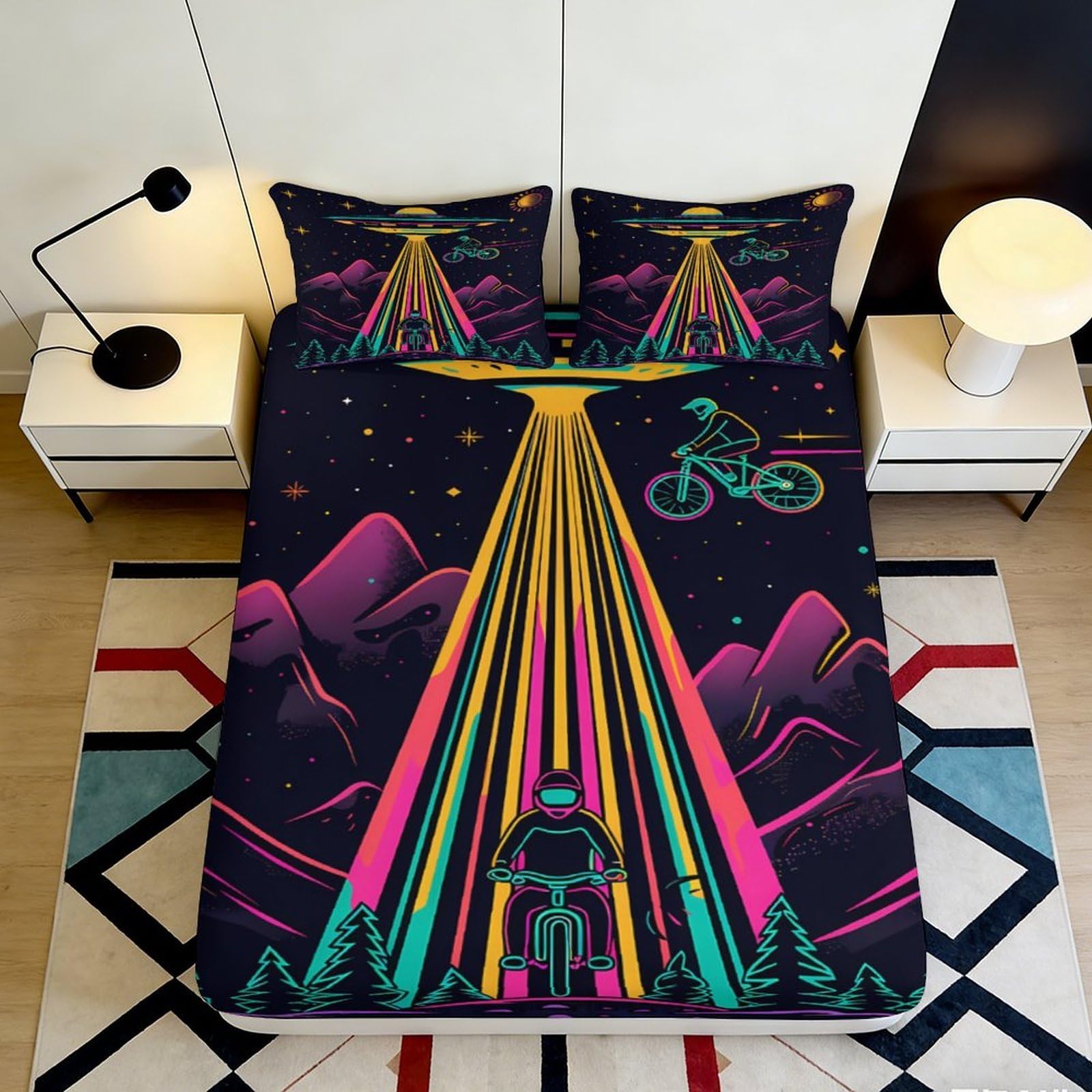 3D Printed Neon Mountain Fitted Sheet Microfiber Soft Astronaut UFO Mattress Cover for Bedroom Dorm Decor 90x200x25cm