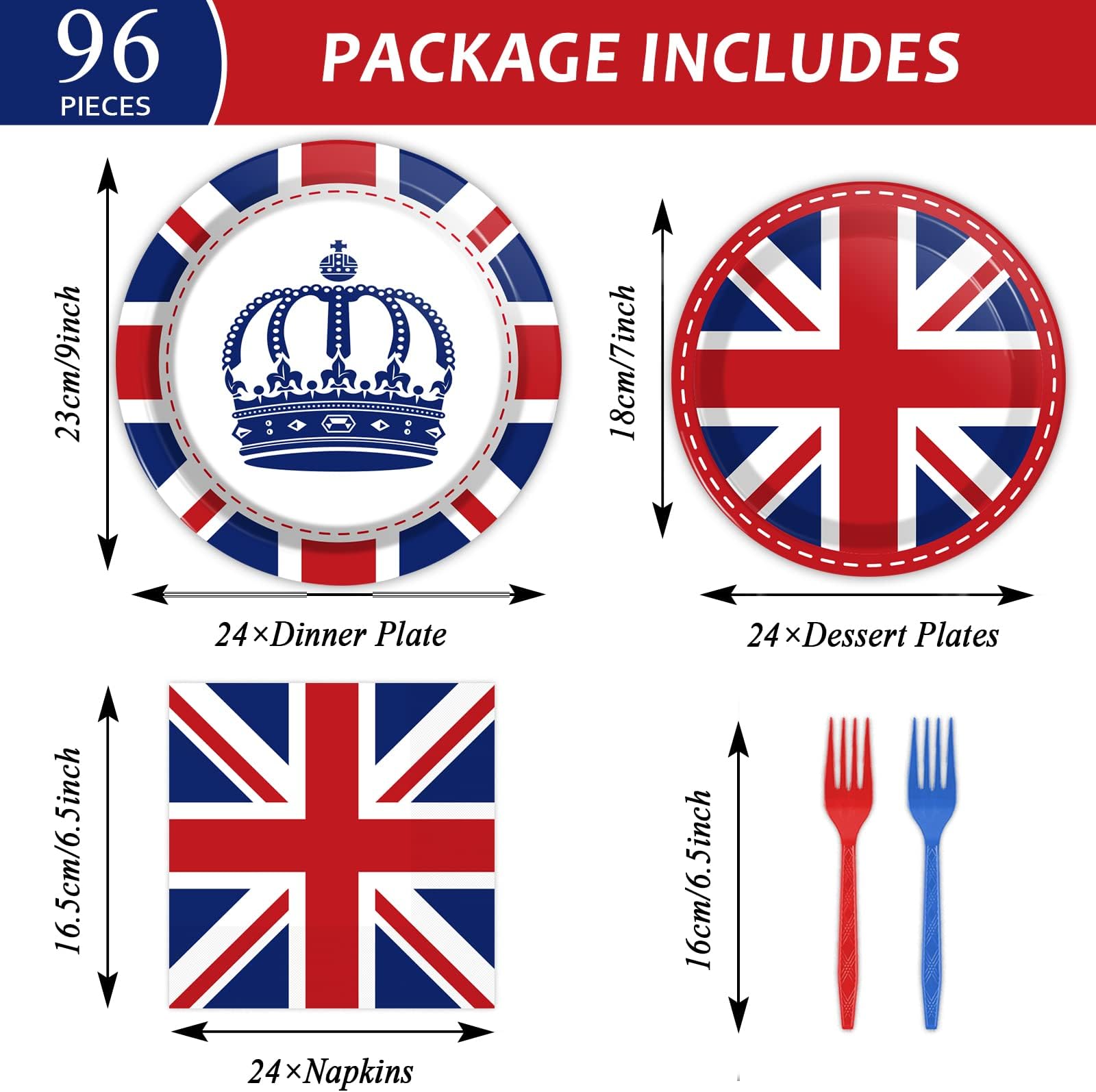 chiazllta Britain UK England Flag Birthday Party Supplies for 24 Guests British Flag Party Supplies Tableware Union Jack Party Decorations Paper Plate Napkin Fork 96 Pcs
