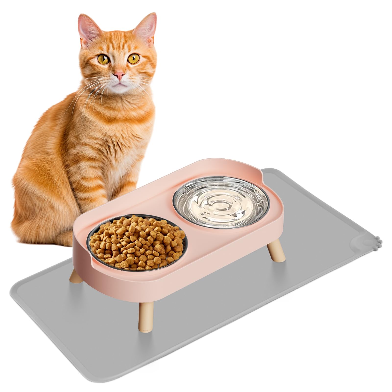 Elevated Cat Bowl with Food Mat, Raised Cat Food and Water Bowl Set for Indoor Cats, Splash Proof with 2 Stainless Steel Pet Food Bowls for Cats and Puppies,Whisker Fatigue and Dishwasher Safe (Pink)