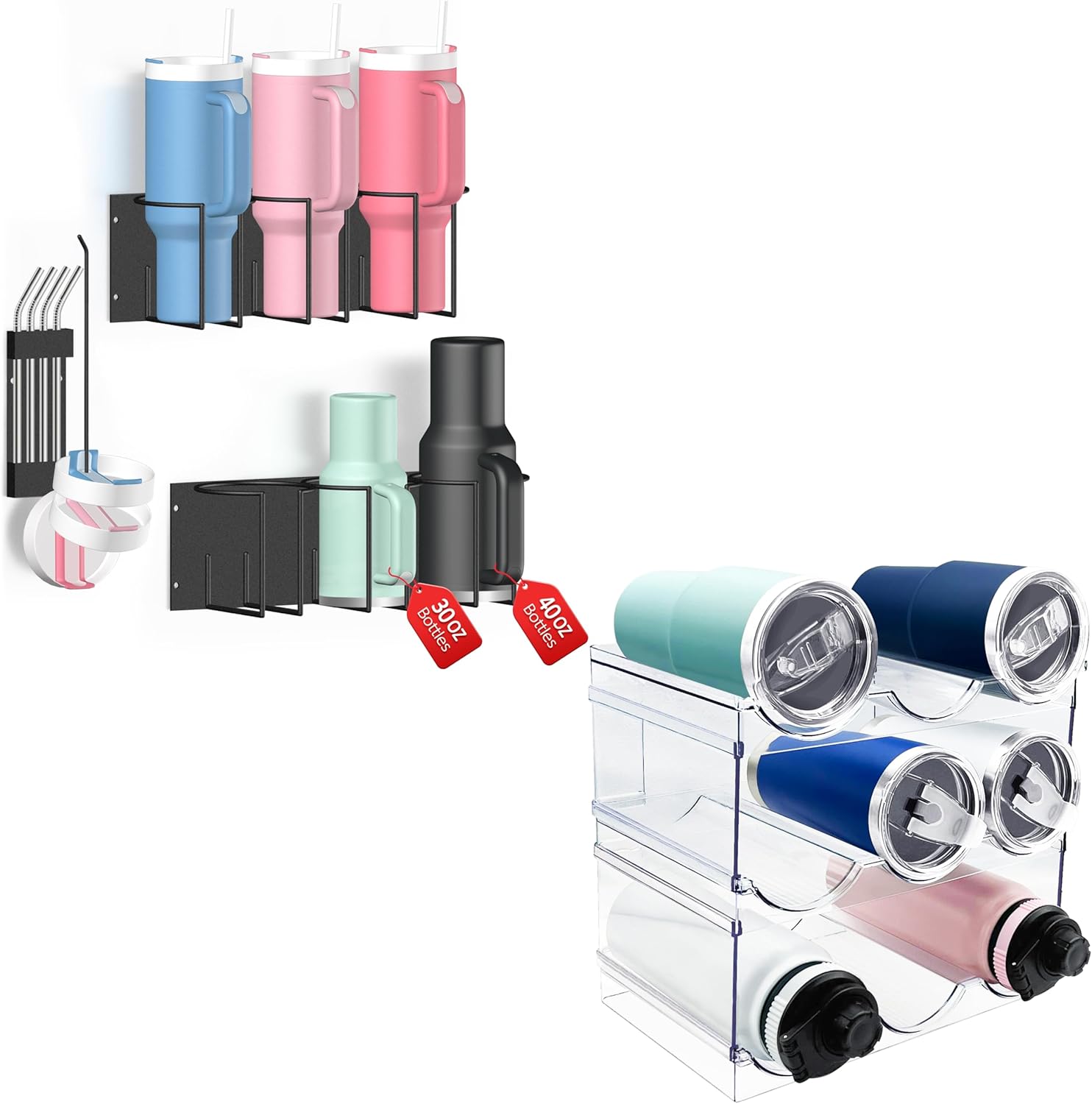 Magnetic Stanley Cup Holder for Fridge - Water Bottle Organizer for Stanley 40 oz Tumblers with Tumbler Lid Organizer & Straw Holder, & 3 Pack Stackable Water Bottle Organizer