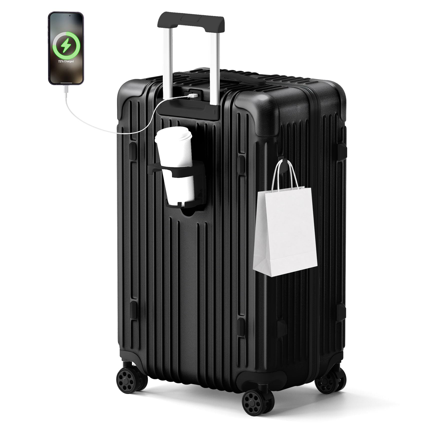 28in Hardshell Suitcase With Cup Holder and Charger 100% PC Luggage