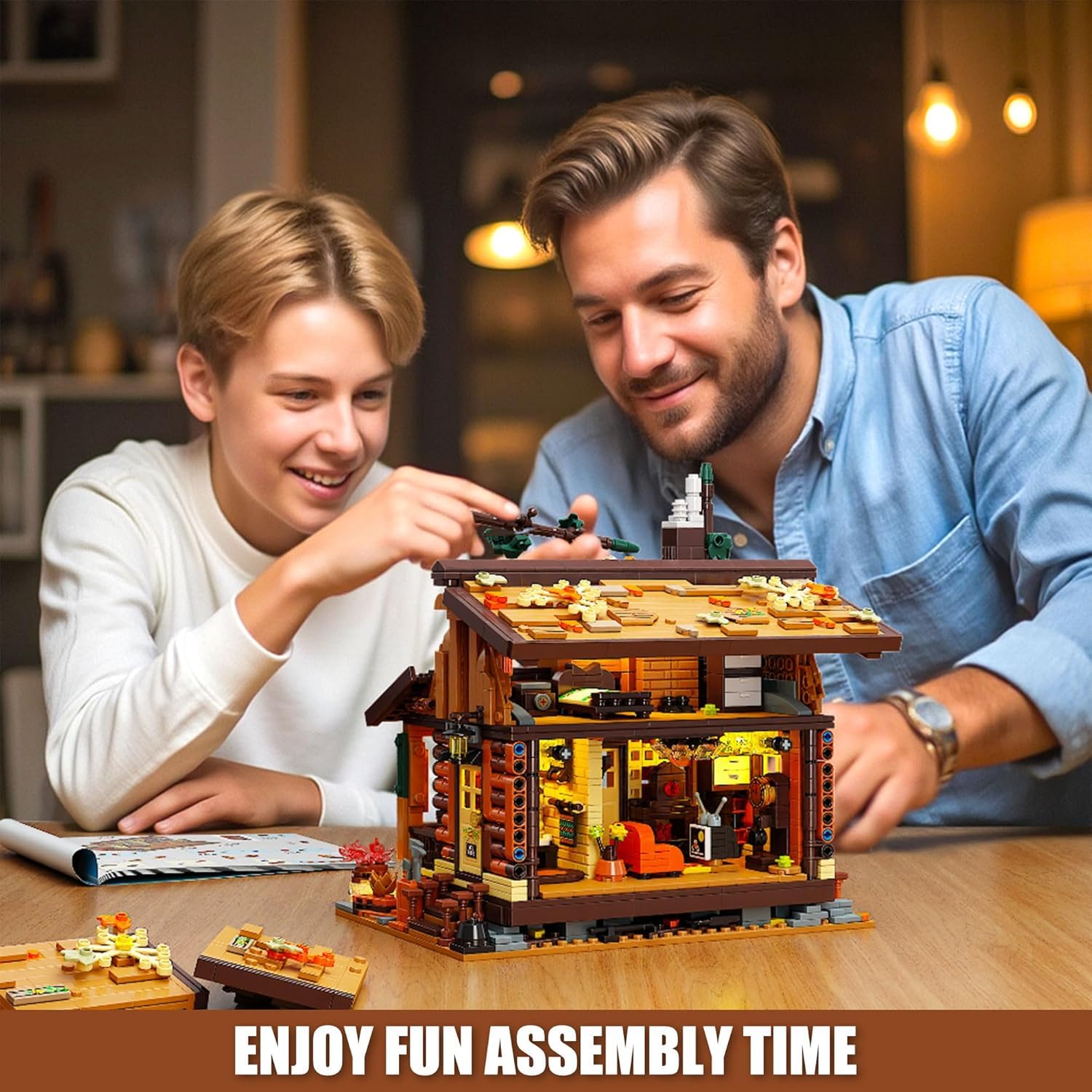 TYCOLE Herbst Cabin Holzhaus Klemmbausteine Bauset 1969 Stück Modellhaus mit LED-Licht Heimdekoration Weihnachten Geburtstag Geschenk für 8+ Jungen Mädchen Jugendliche Erwachsene