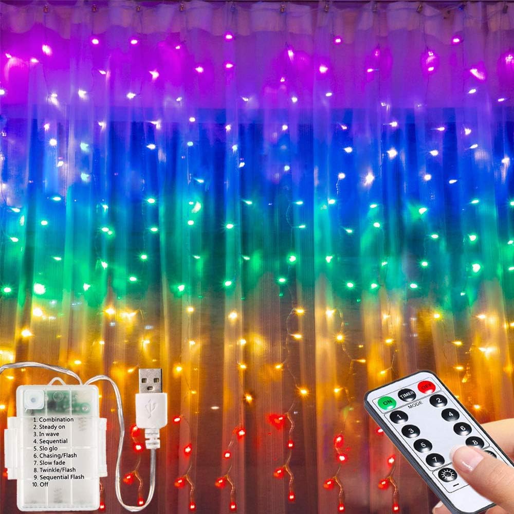 Led Fairy Curtain Light 3 * 1.5M USB & Battery Powered String Lights 200Led Colorful Window Fariy Lights with Remote &Timer 8Modes Fariy Lights for Bedroom Dorm Wall Party Wedding Indoor