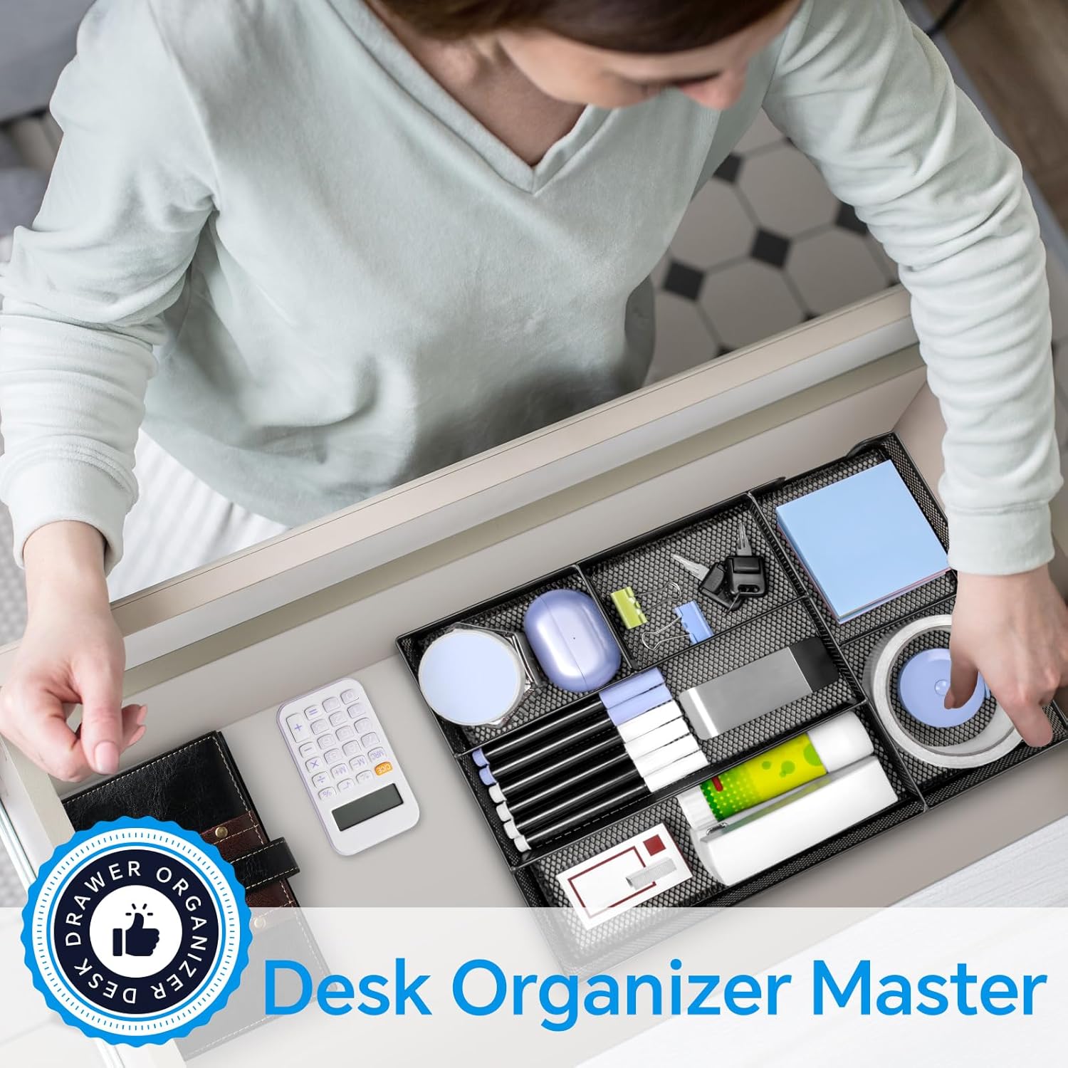 Desk Drawer Organizer, Office Drawer Divider Organizer Tray with 6 Compartments, Metal Mesh Desktop Organization and Accessories for Stationery Makeup Kitchen Toolroom School &Office, 12.6x8.27x1.6 in - Image 6