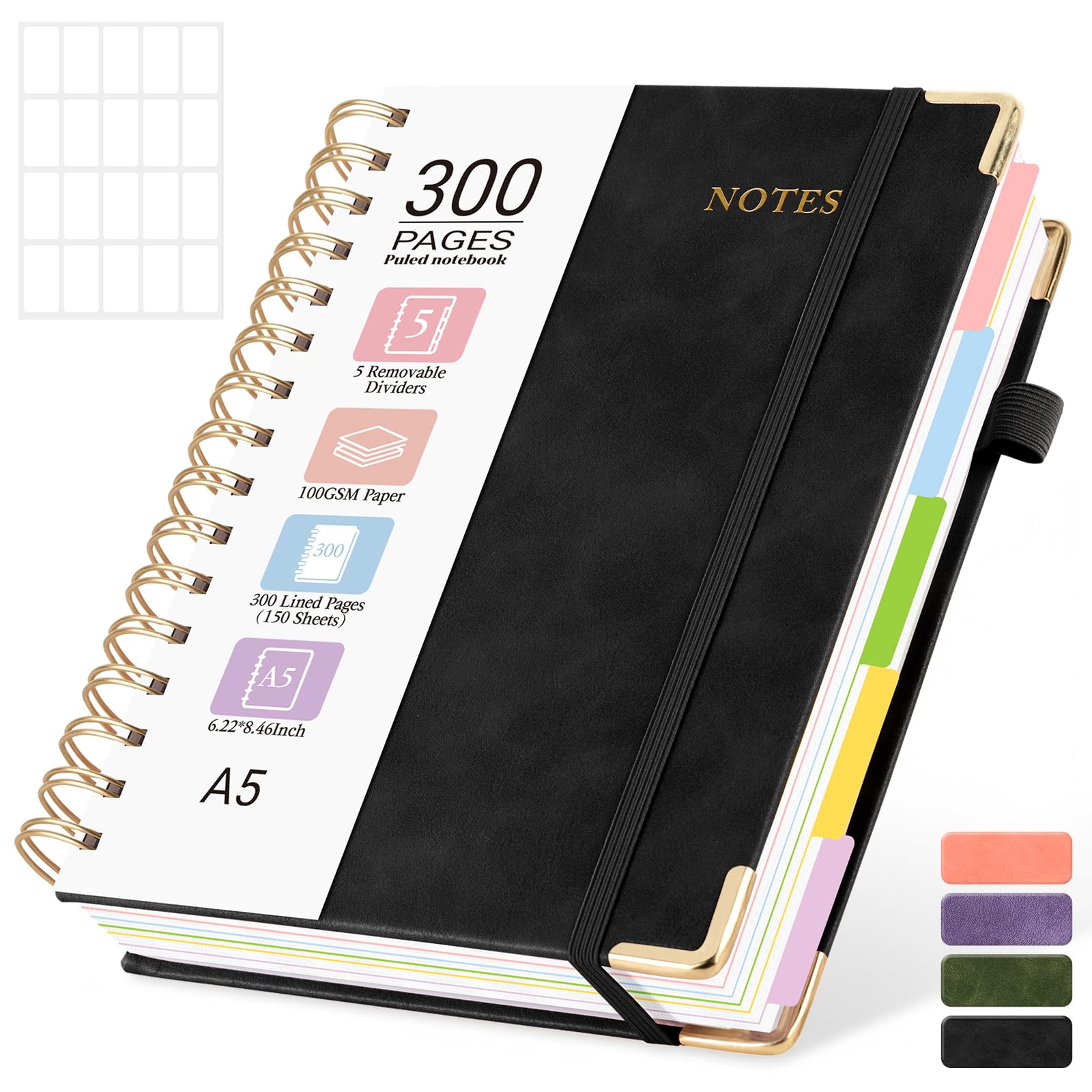 MOFELON A5 Notebook with Dividers, Notepad A5, 300 Pages Spiral Lined Notebooks,PU Leather HardCover Journals for Women,Note Book Pad for Office Work School, 21.5 x 15.8cm - BLACK — image 1