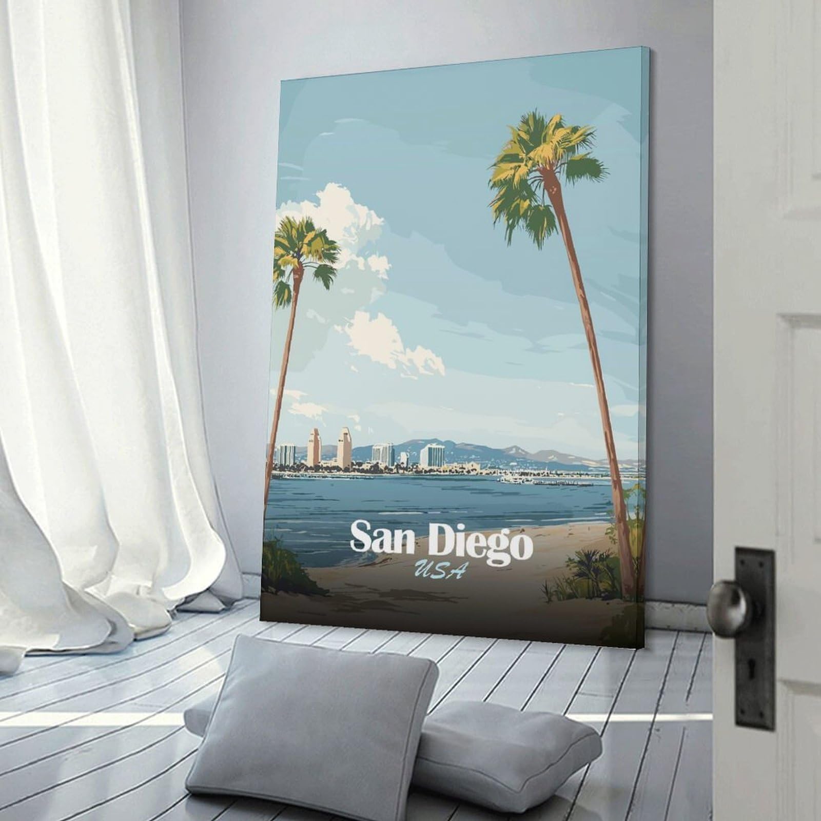 Junmoney Wall Picture Print San Diego Palm Tree Skyline, 08x12inch(20x30cm), for Wall Displays, Bedrooms Or Room Updates, Wall Decor Suited to Curated Displays
