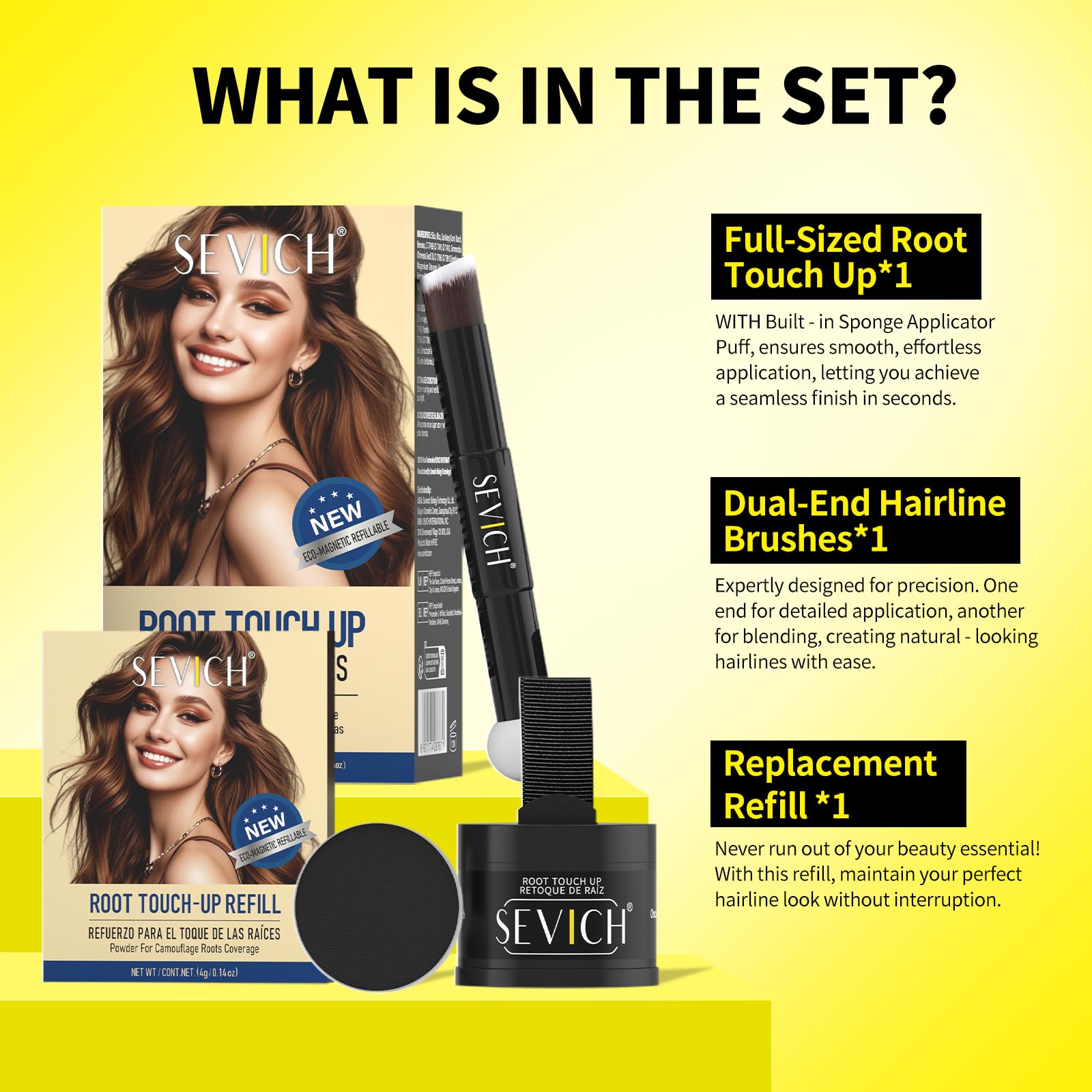 SEVICH Magnetic Refillable Hair Root Touch Up Powder, Waterproof Gray Coverage & Hairline Concealer with Dual Brush, Brown - Image 4