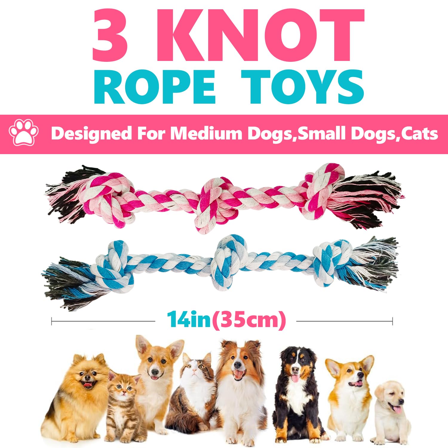 Hundespielzeug, Kauseil für mittelgroße und kleine Hunde, Katzen, Welpen, Zahnreinigung, natürliche Baumwolle, Zugseil für interaktives Tauziehen, lustig (kleine 3 Knoten (2er-Pack)