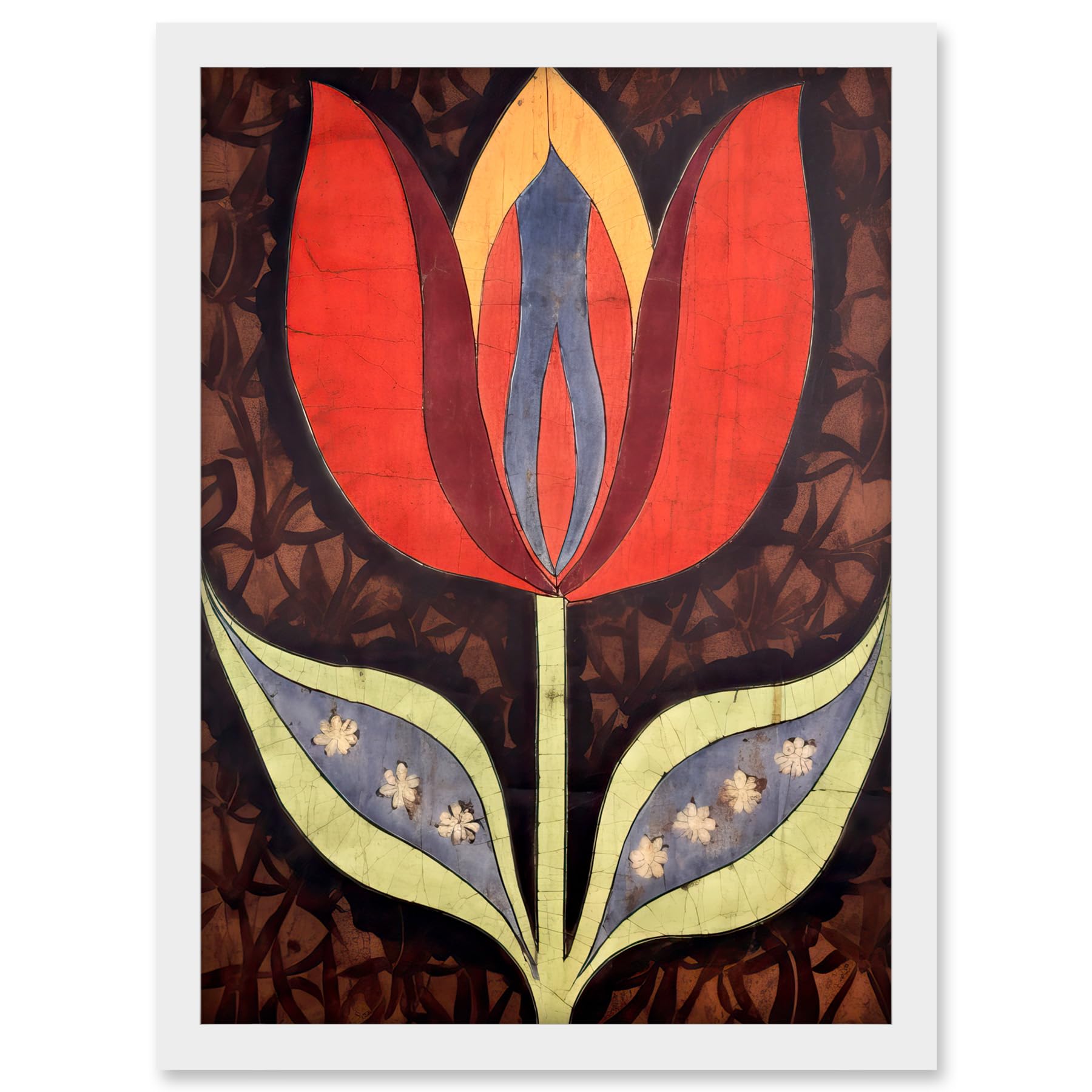 Artery8 A Single Tulip Flower Batik Style Pattern Folk Art Artwork Framed A3 Wall Art Print