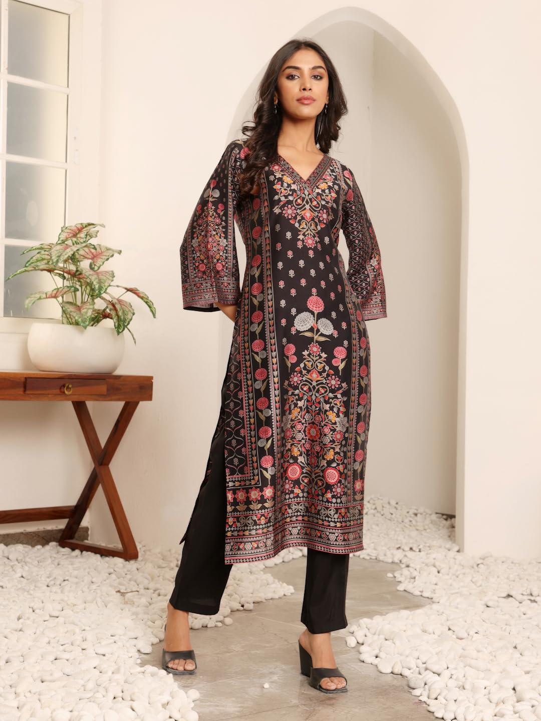 Varanga Women Black Ethnic Floral Printed Kurta With Solid Trouser - Comfortable & Stylish Set For A Chic Look