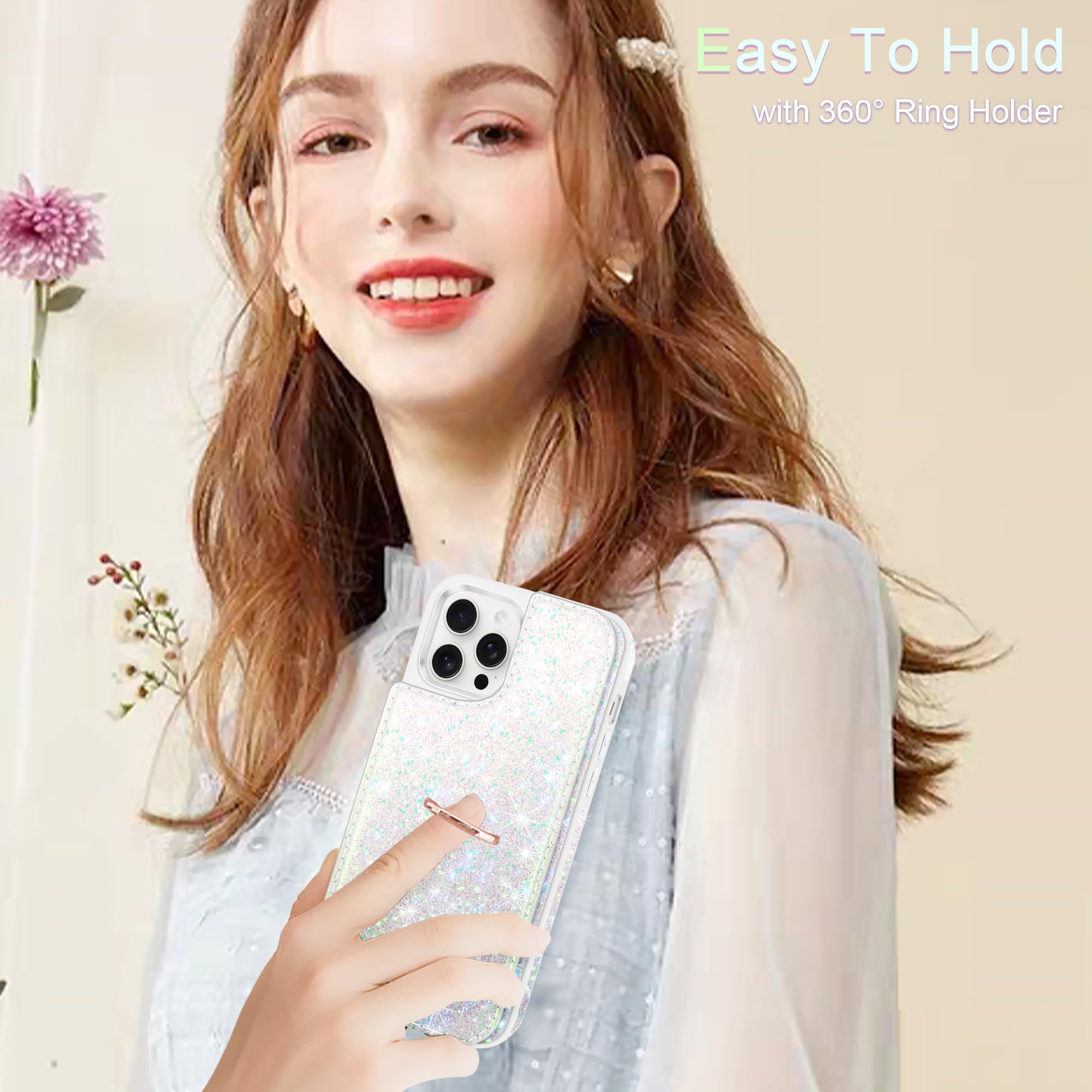 Casewind IPhone 12 Pro Max Wallet Case With Ring Stand - Glitter Flip Cover With Screen & Lens Protectors