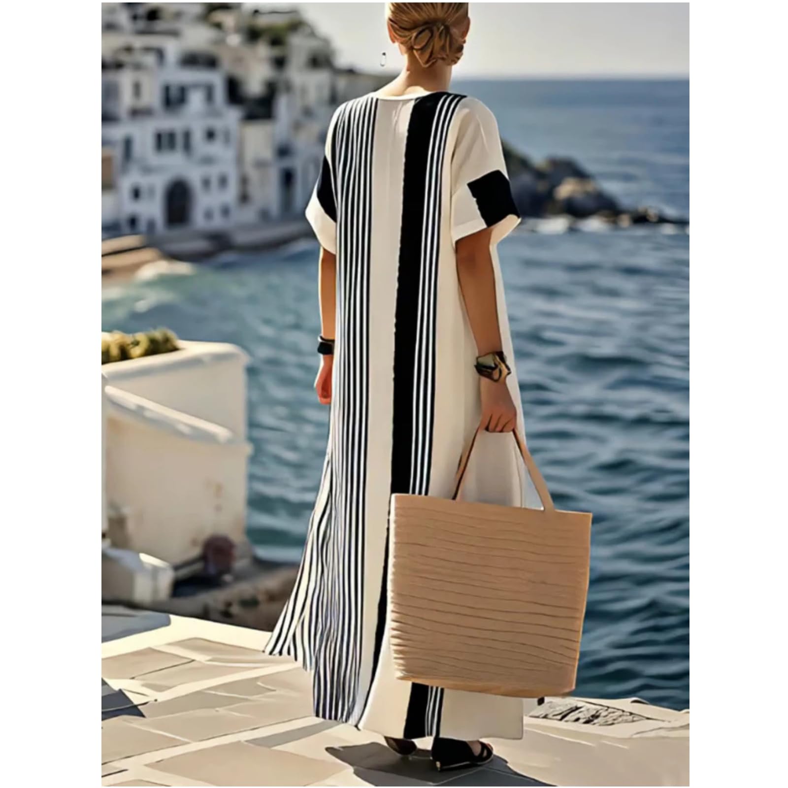 Vestido Suelto de Bloques de Color para Mujeres en la Playa vacacional