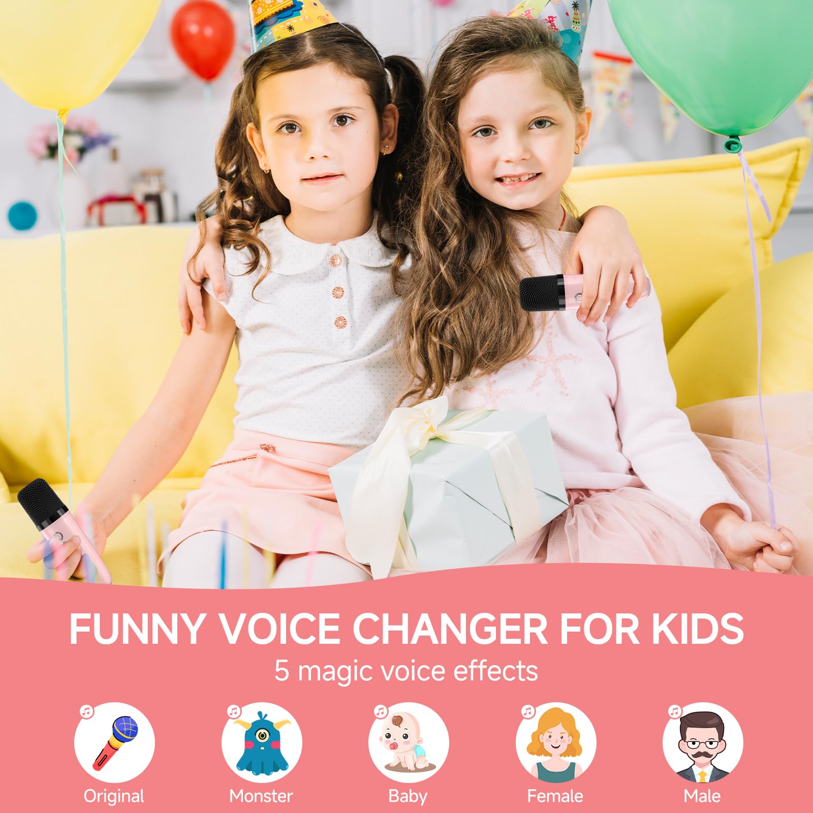Mini machine de karaoké avec 2 microphones sans fil pour enfants et adultes, machine de karaoké portable avec changeur de voix et lumière LED, cadeau d'anniversaire pour filles et garçons
