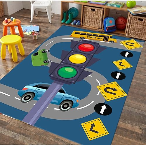 Alfombra de juegos para niños, 4 x 5 pies, tapete de juego con semáforos de coche de juguete, tapete de juego con señales de tráfico vial, alfombras